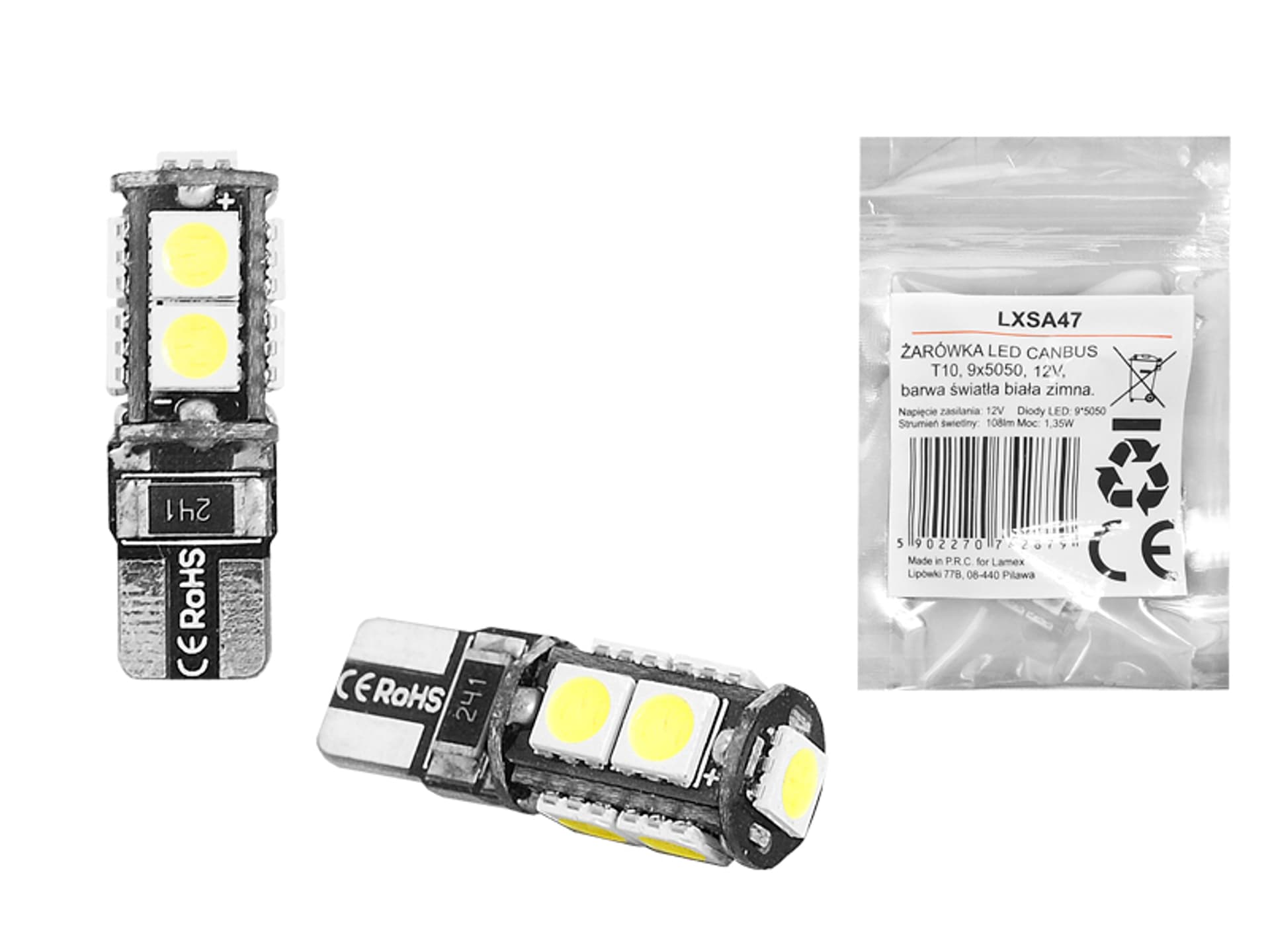 

1 kpl. ŻARÓWKA LED CANBUS T10, 9x5050, 12V, barwa światła biała zimna.