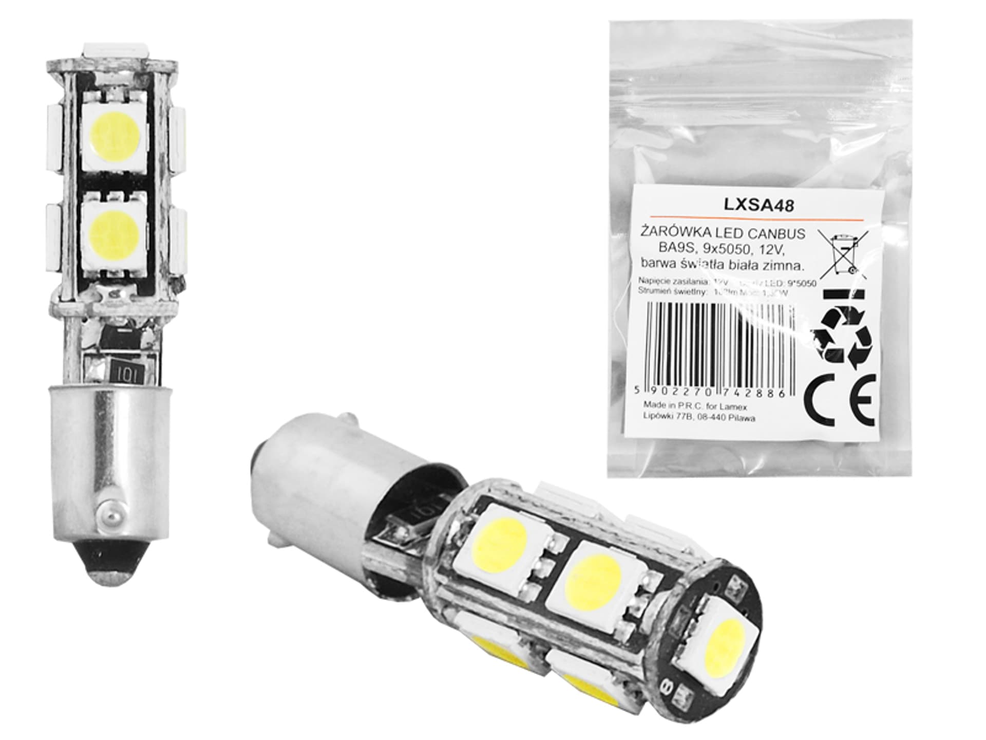 

1 kpl. ŻARÓWKA LED CANBUS BA9S 9x5050, 12V, barwa światła biała zimna.