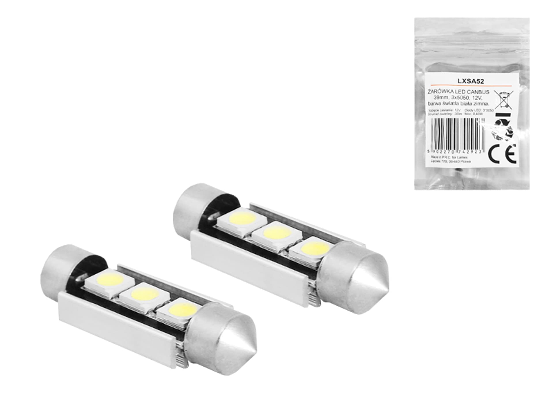 

1 kpl. ŻARÓWKA LED CANBUS 39mm, 3x5050, 12V, barwa światła biała zimna.