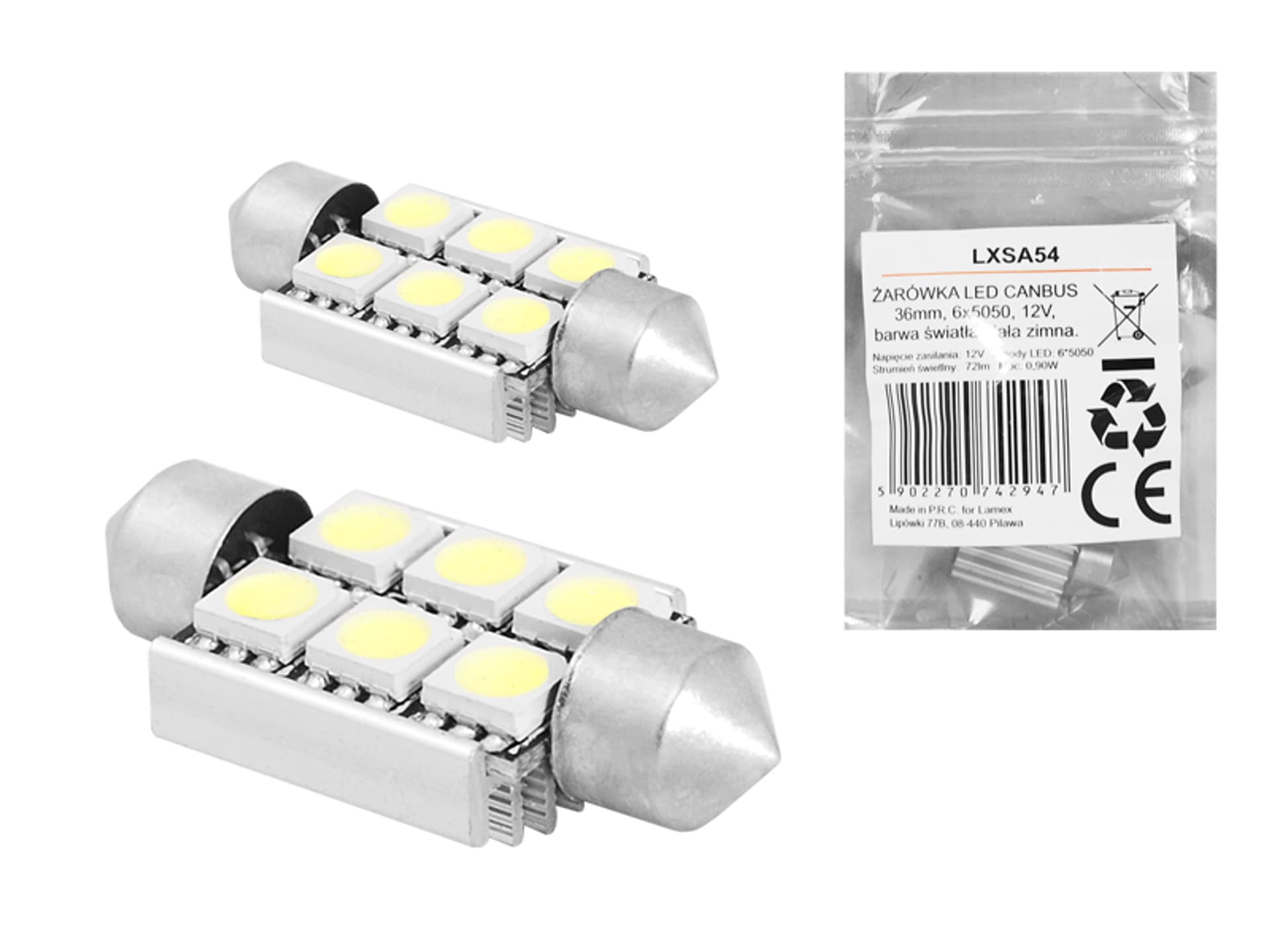 

1 kpl. ŻARÓWKA LED CANBUS 36mm, 6x5050, 12V, barwa światła biała zimna.