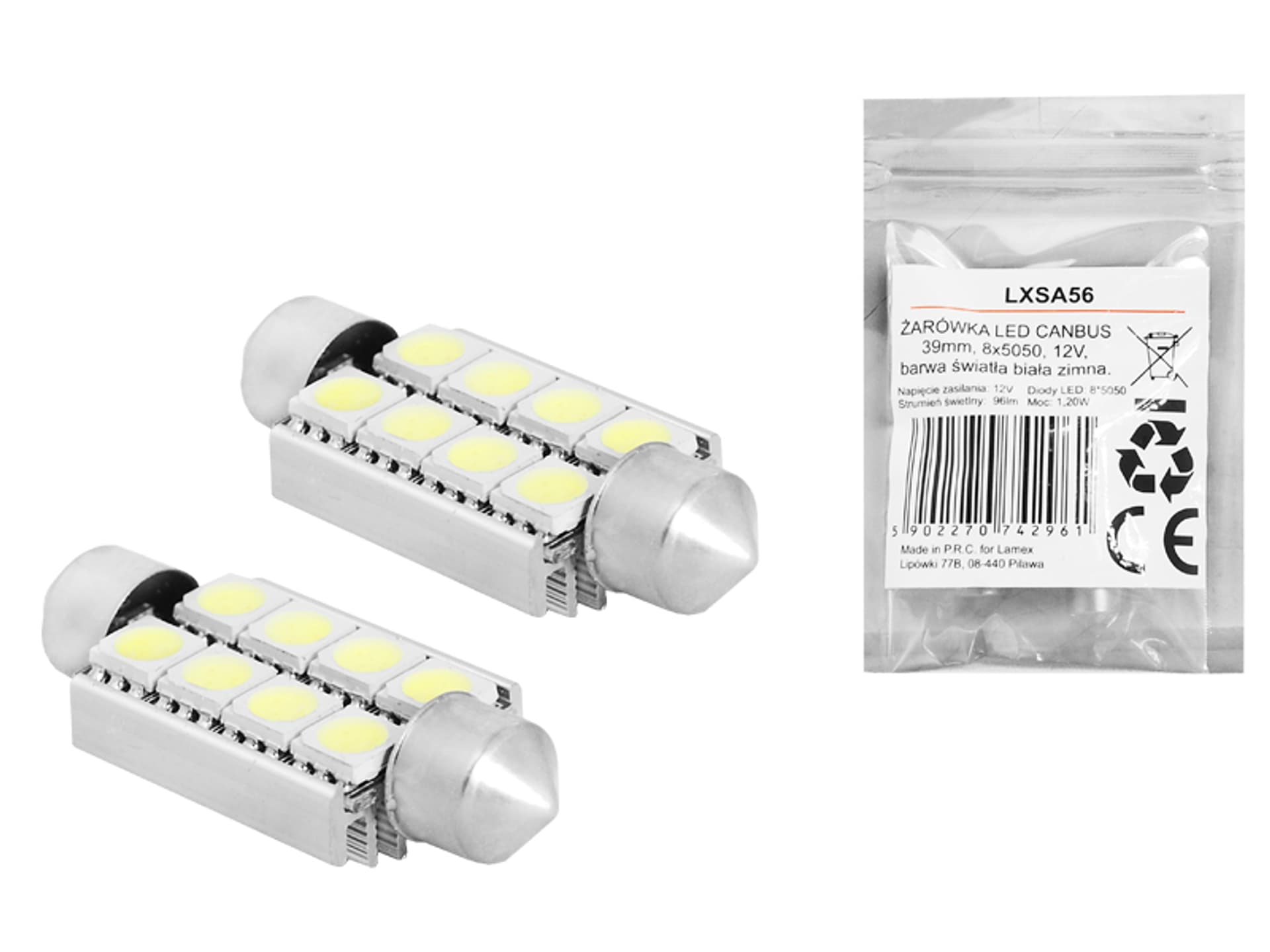 

1 kpl. ŻARÓWKA LED CANBUS 39mm, 8x5050, 12V, barwa światła biała zimna.