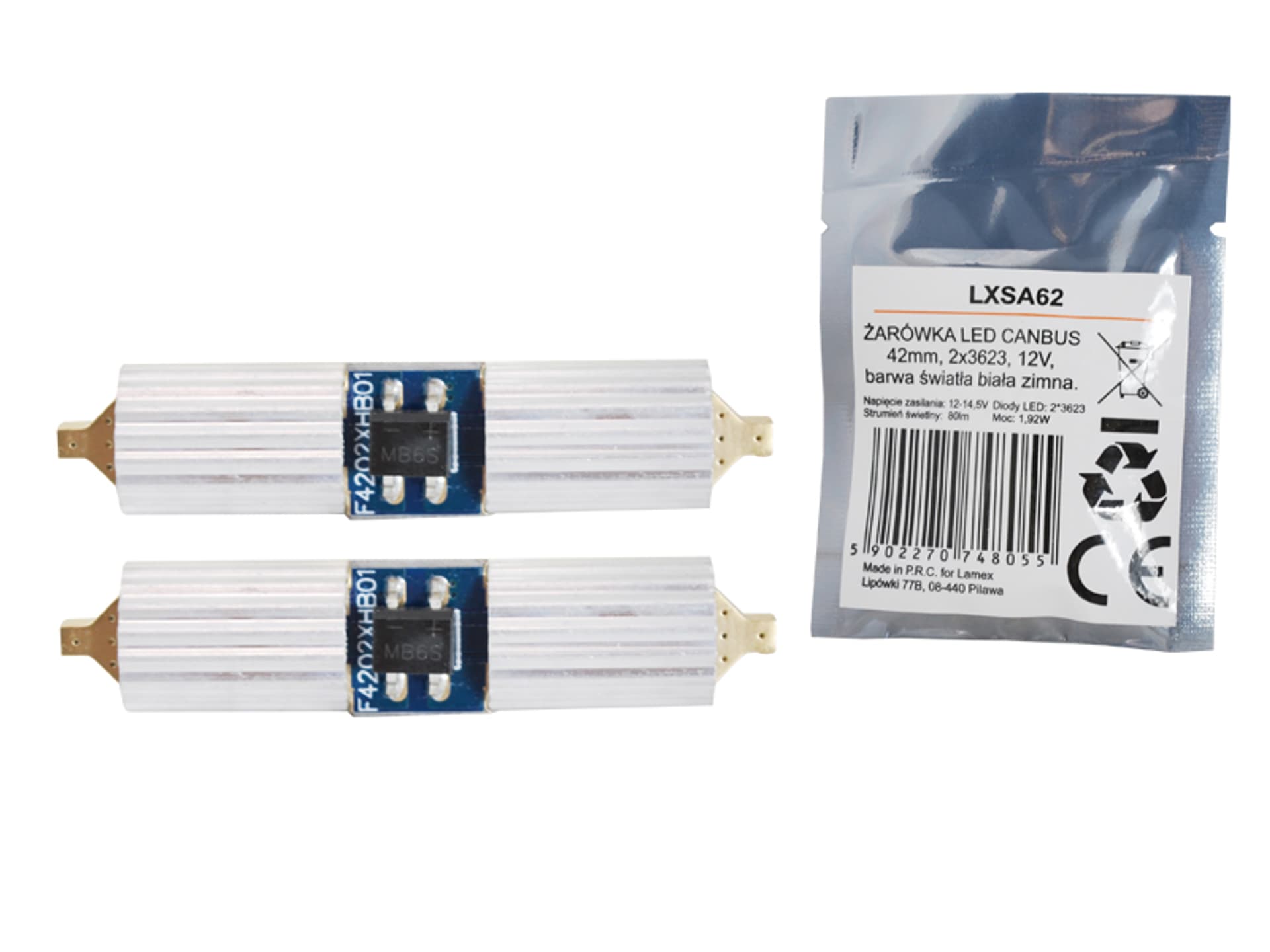 

1 kpl. Żarówka LED CANBUS 42mm 2x3623 12V, światło białe zimne.