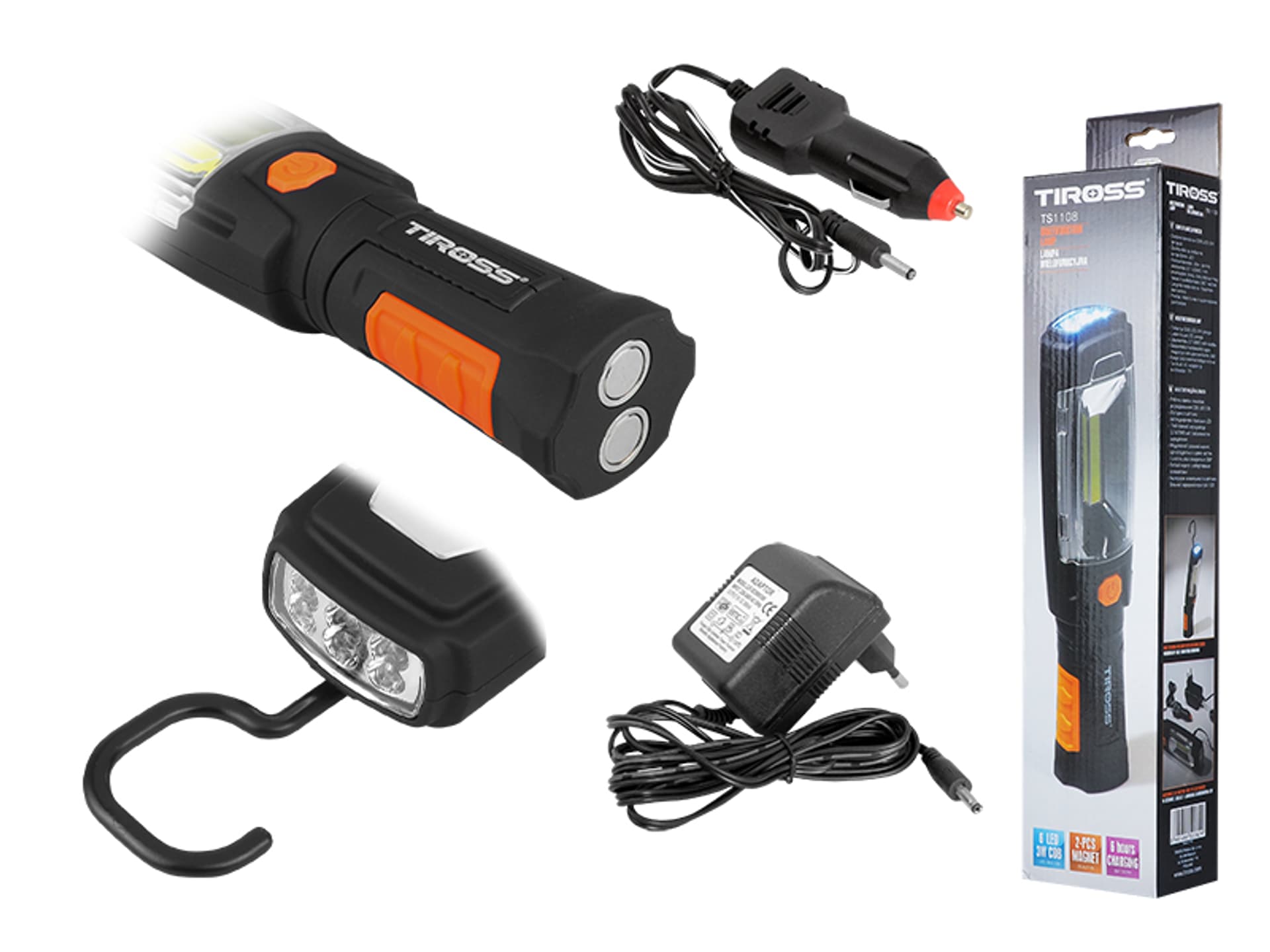 

1 szt. Lampa warsztatowa profesjonalna TS-1108 z akumulatorem, 3.7V/2000mAh, COB 3W+6LED z ładowarką sieciową i samochodową.