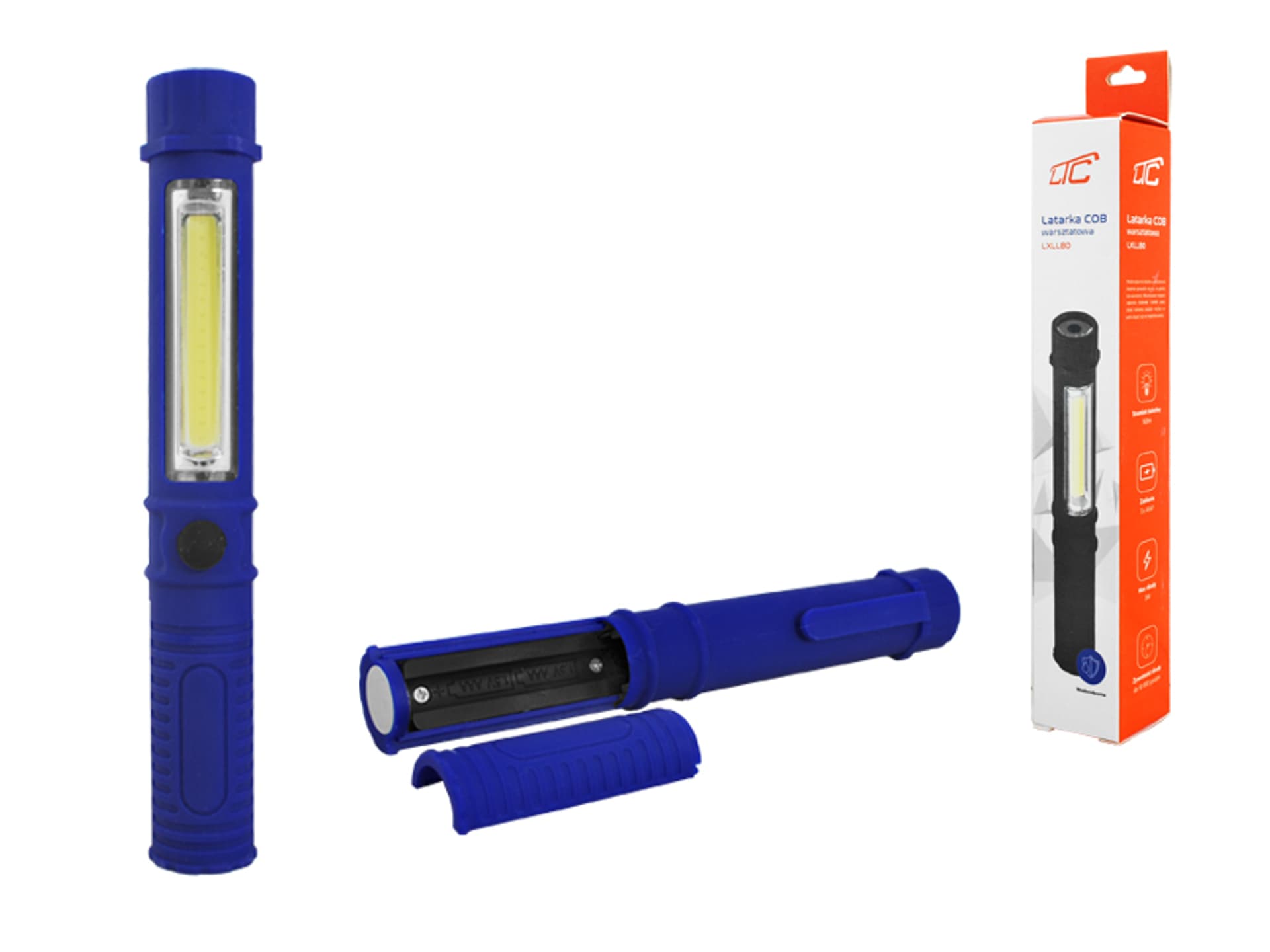 

LTC Latarka COB warsztatowa 1LED 1W + COB 3W z magnesem, niebieska 3xAAA. (1LM)