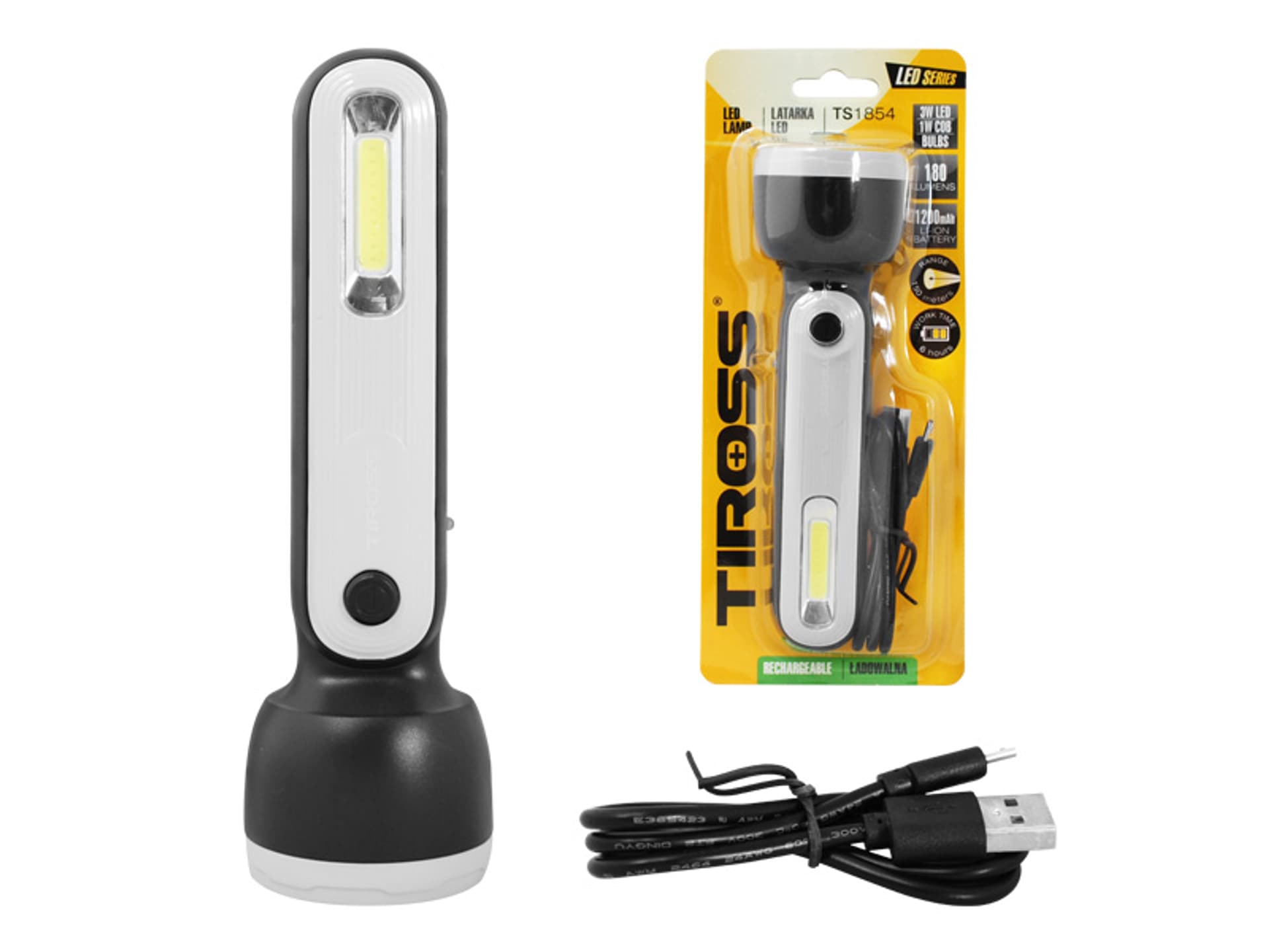 

Latarka ręczna 1-LED 3W+COB 1W z akumulatorem 1200mAh, czarna, kabel micro USB, ładowanie 4godz. w pozycji wyłączenia. (1LM)