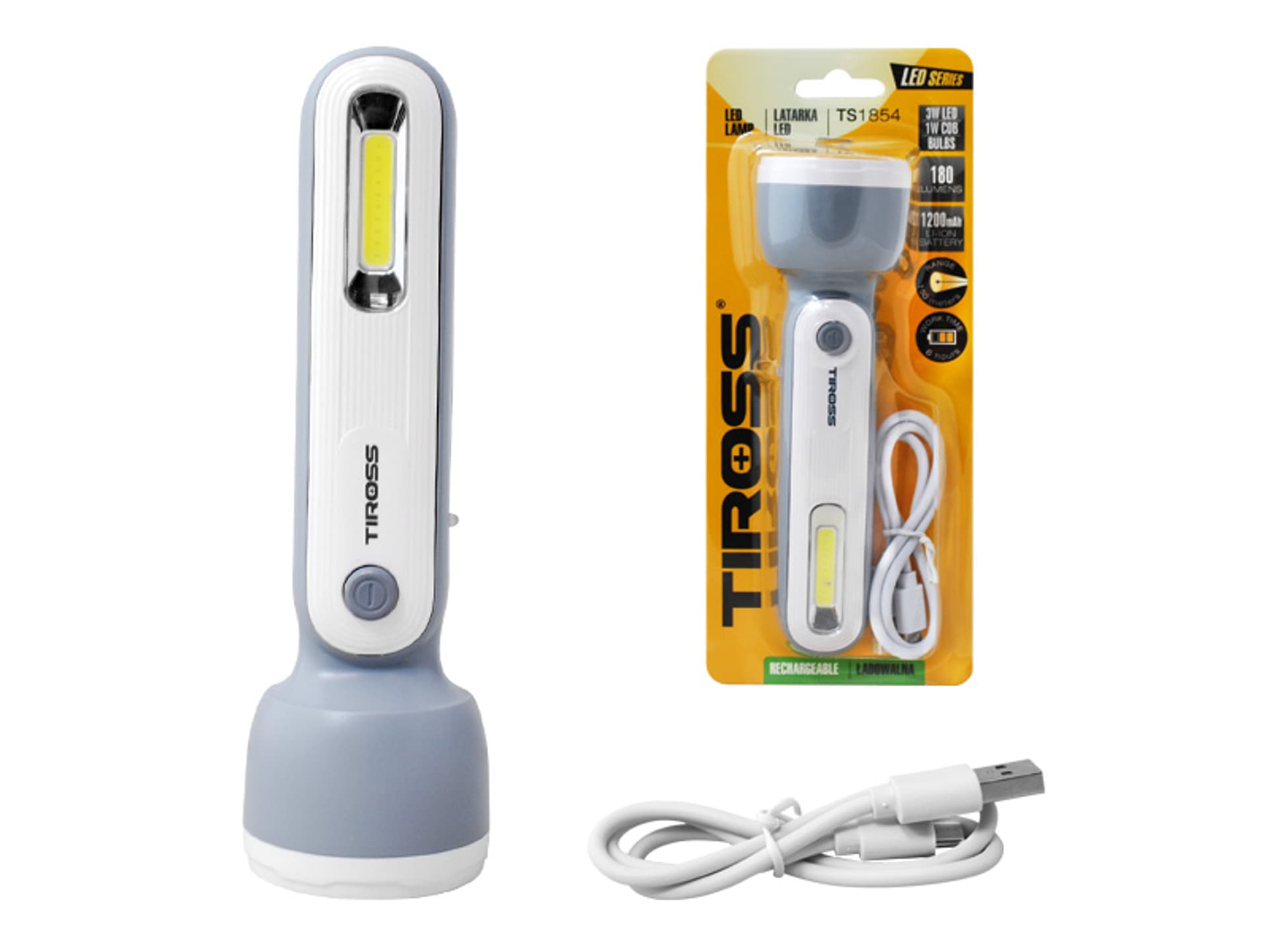 

Latarka ręczna 1-LED 3W+COB 1W z akumulatorem 1200mAh, szara, kabel micro USB, ładowanie 4godz. w pozycji wyłączenia. (1LM)
