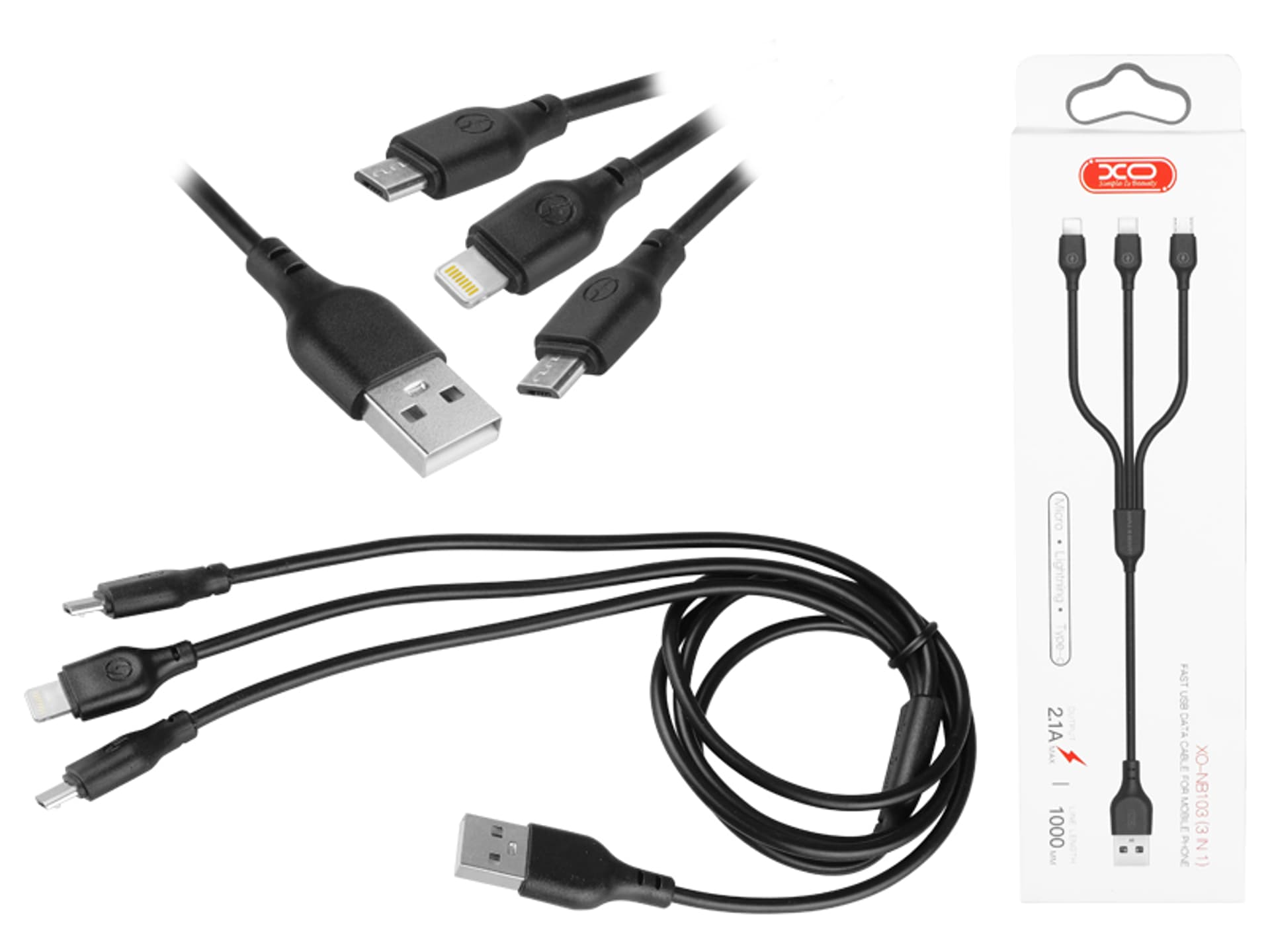 

1 szt. Kabel NB 103, 3w1, USB/Lightning/USB-C + Micro USB, 1,3 m, 3 A, czarny.