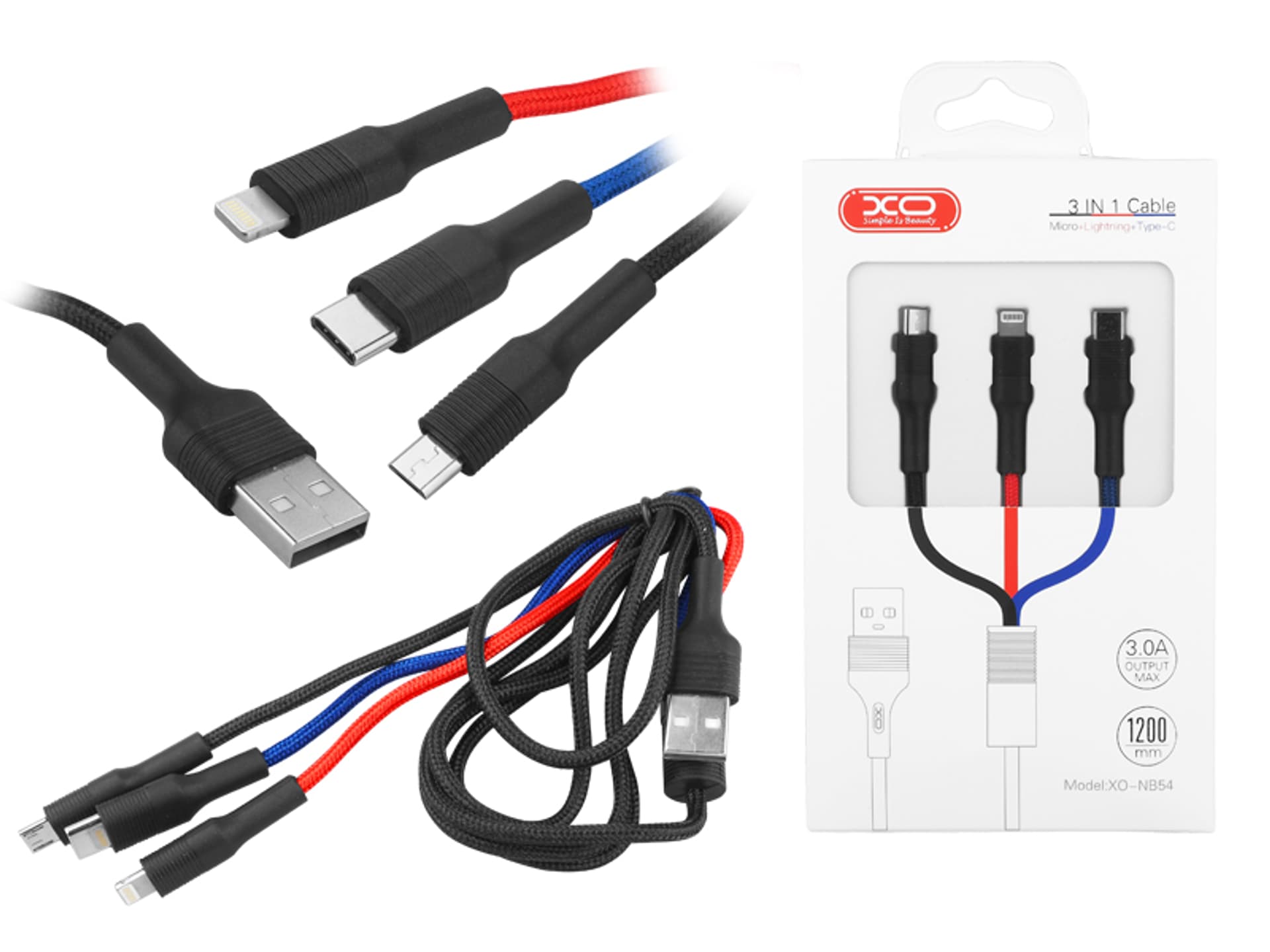 

PS Kabel NB54, 3w1, USB/Lightning/USB-C + Micro USB, 1,2 m, 3 A, wielokolorowy. (1LM)
