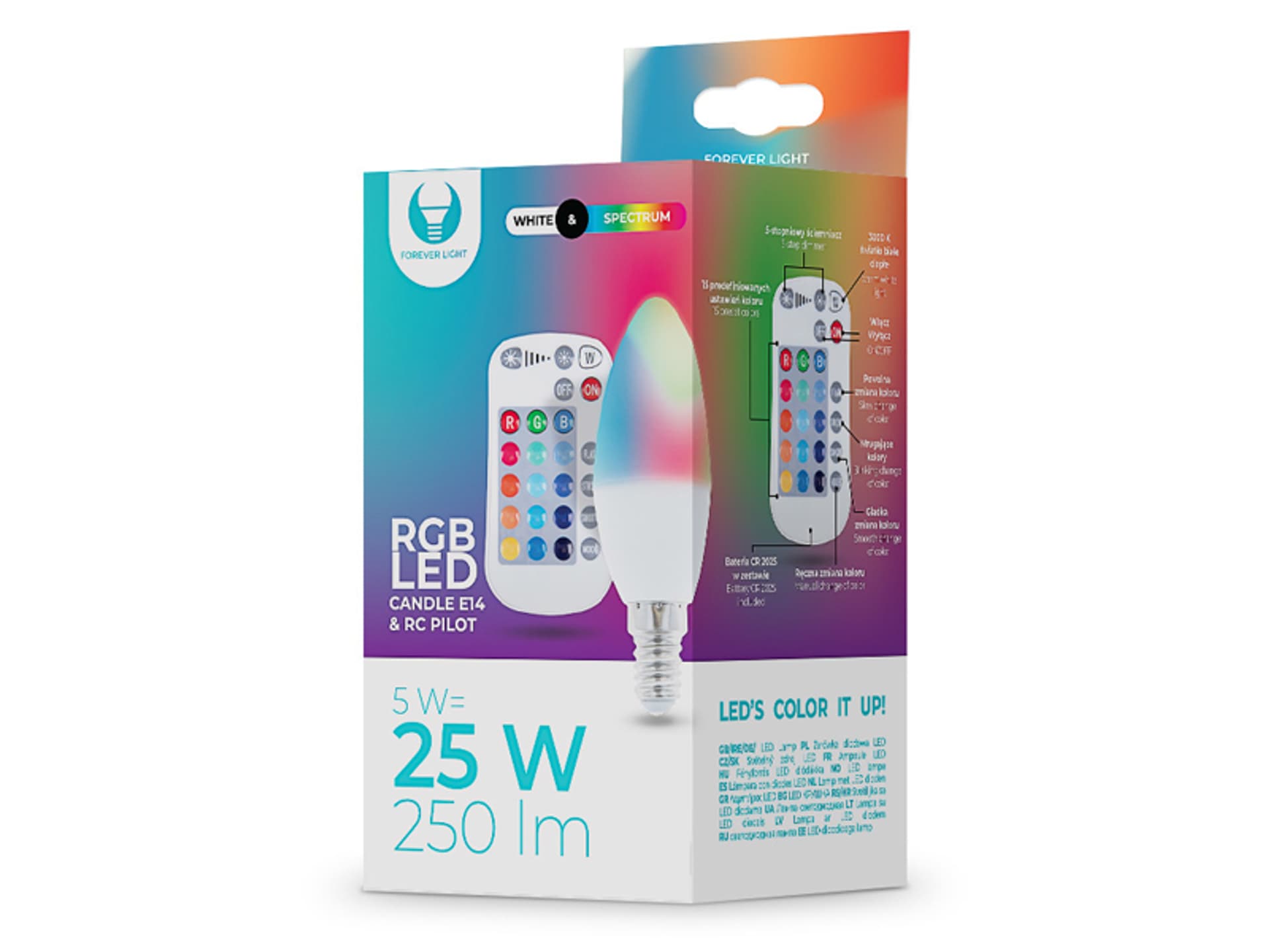 

1 szt. Żarówka LED Forever Light E14, C37, RGB+Biały, 5 W, 250 lm, z pilotem.