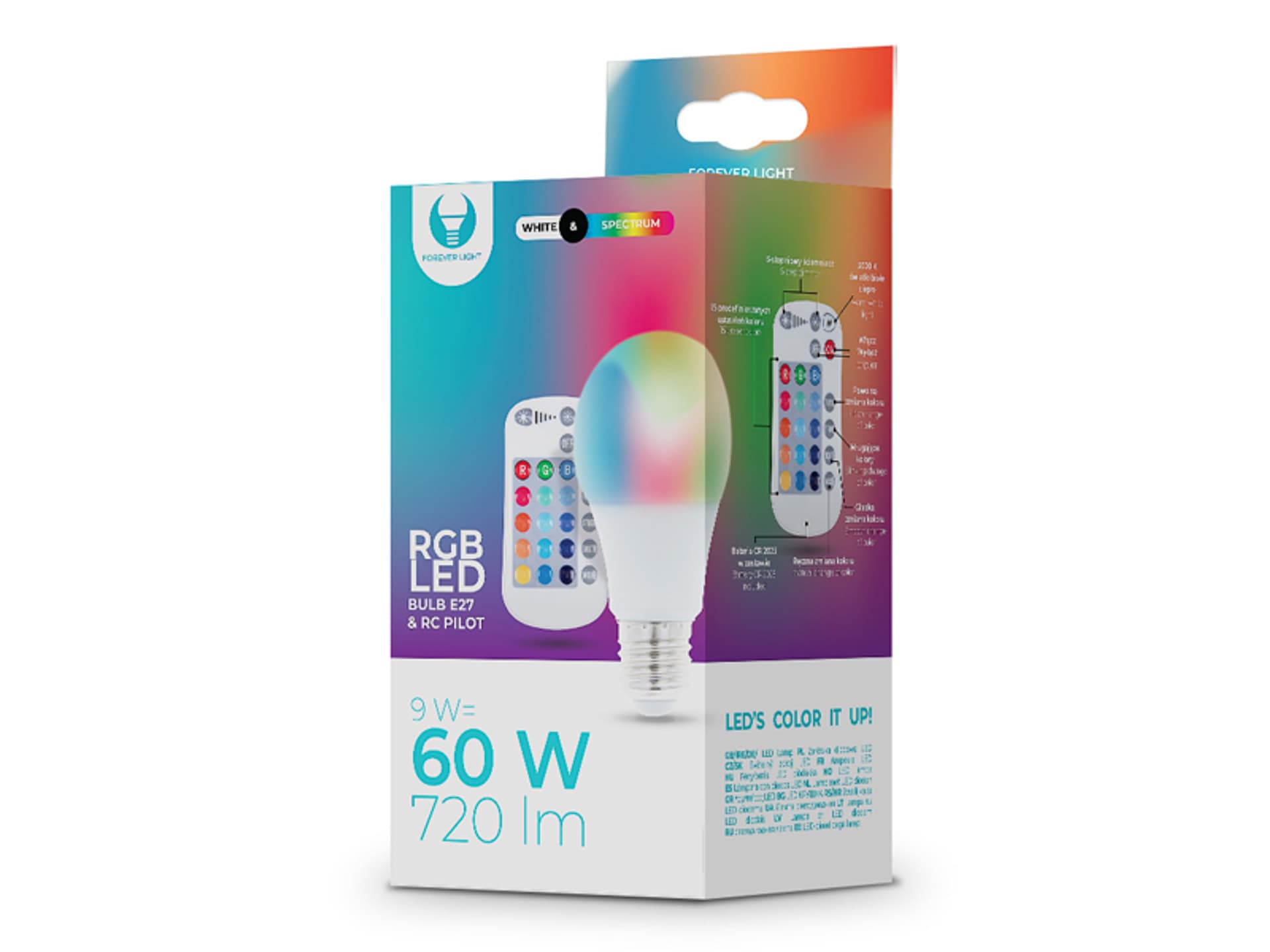

1 szt. Żarówka LED Forever Light E27, A60, RGB+Biały, 9 W, 750 lm, z pilotem.