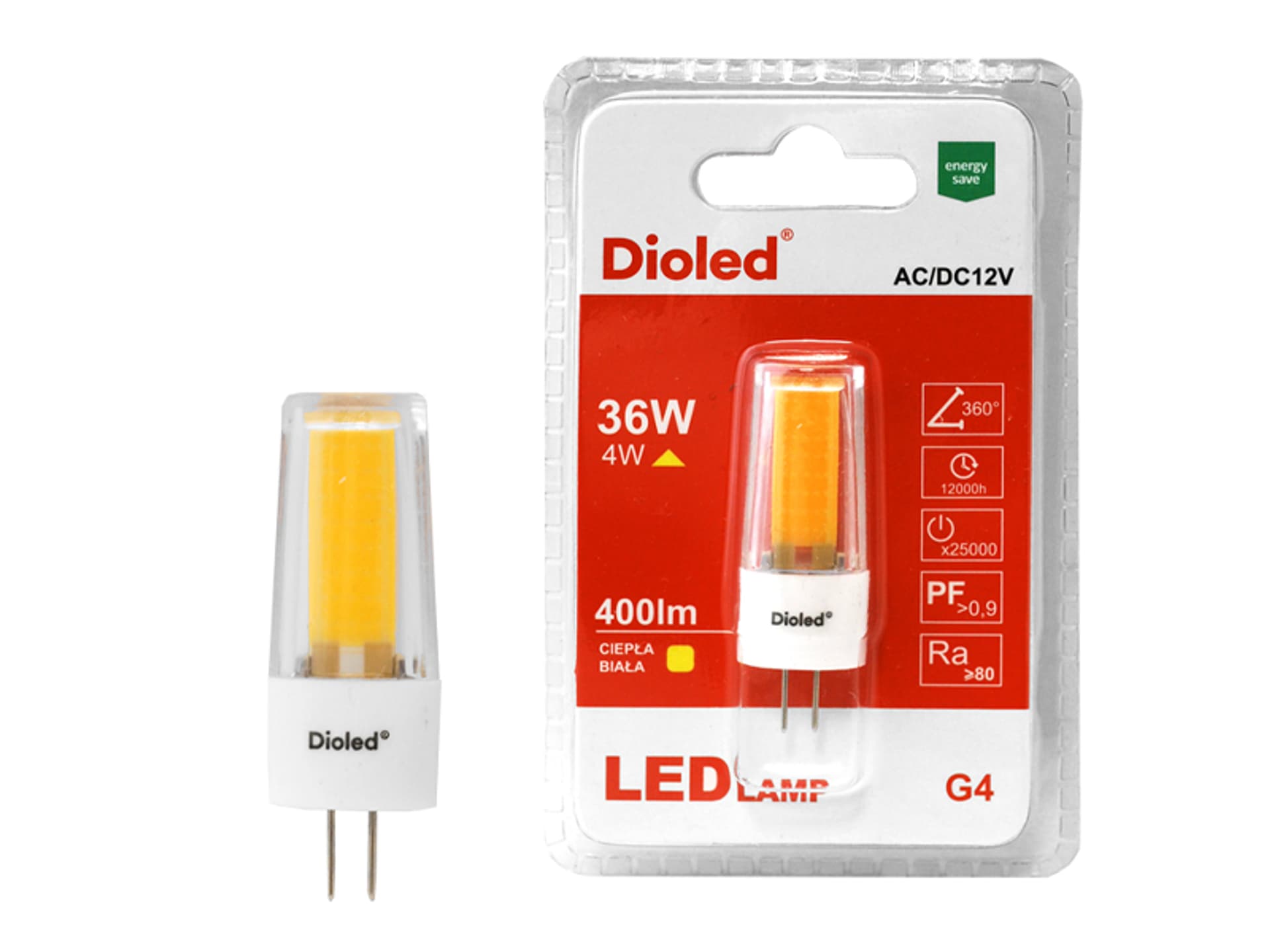 

Żarówka LED DIOLED G4 4W COB 3000k 400LM/12V b.ciepły. (1LM)