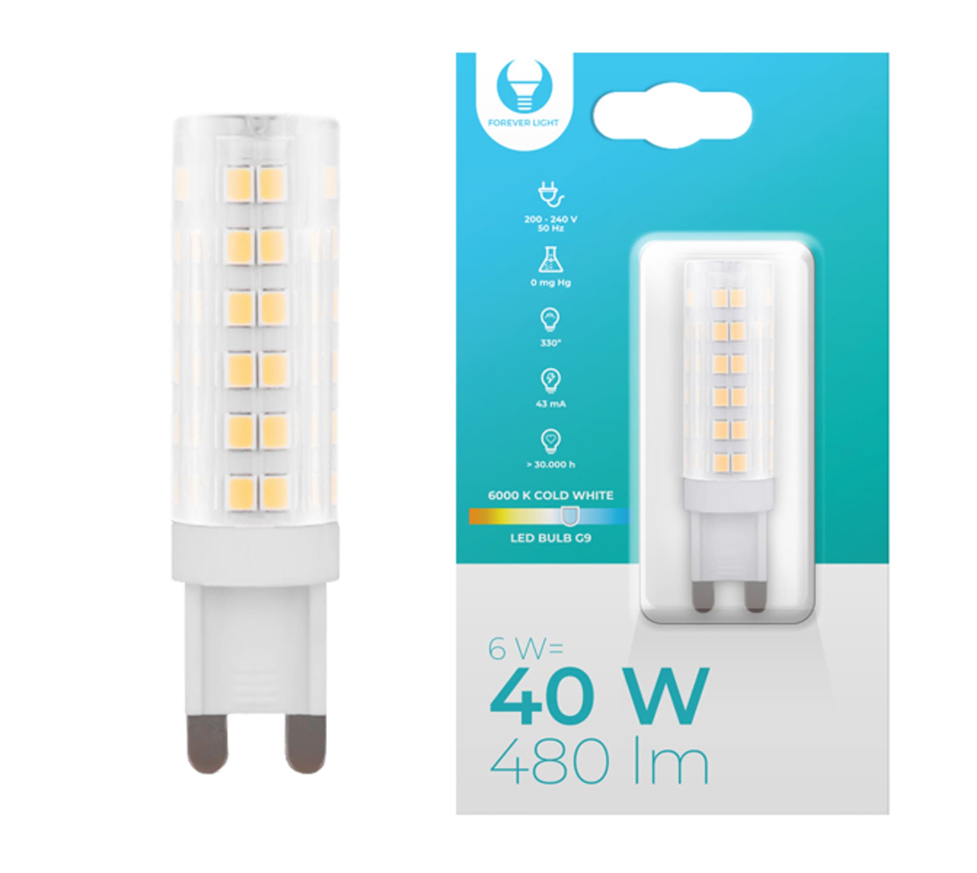 

1 szt. Żarówka LED G9, 6W, 230V, 6000K, 480lm, Forever Ligh.