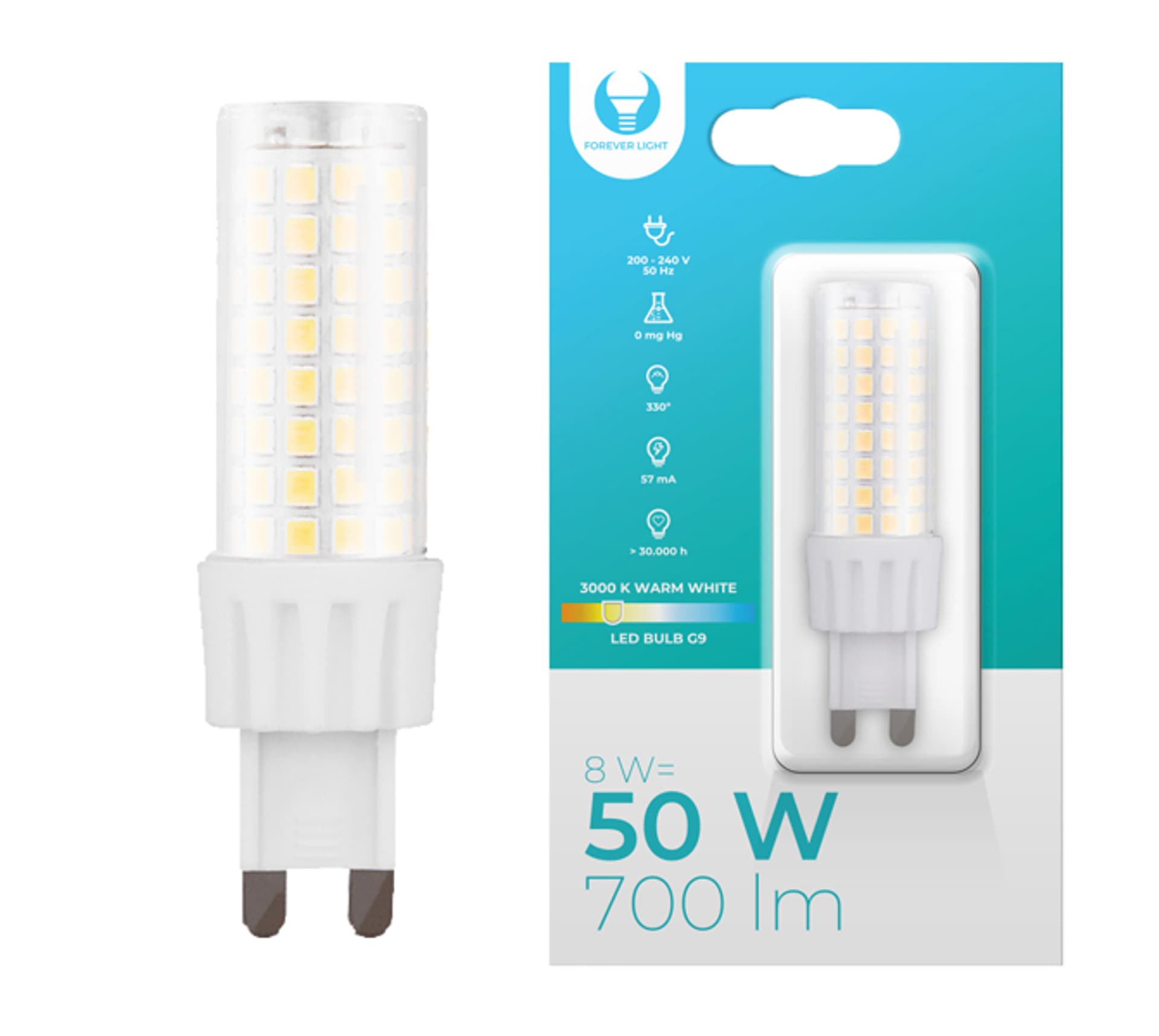 

1 szt. Żarówka LED G9, 8W, 230V, 3000K, 700lm, Forever Ligh.
