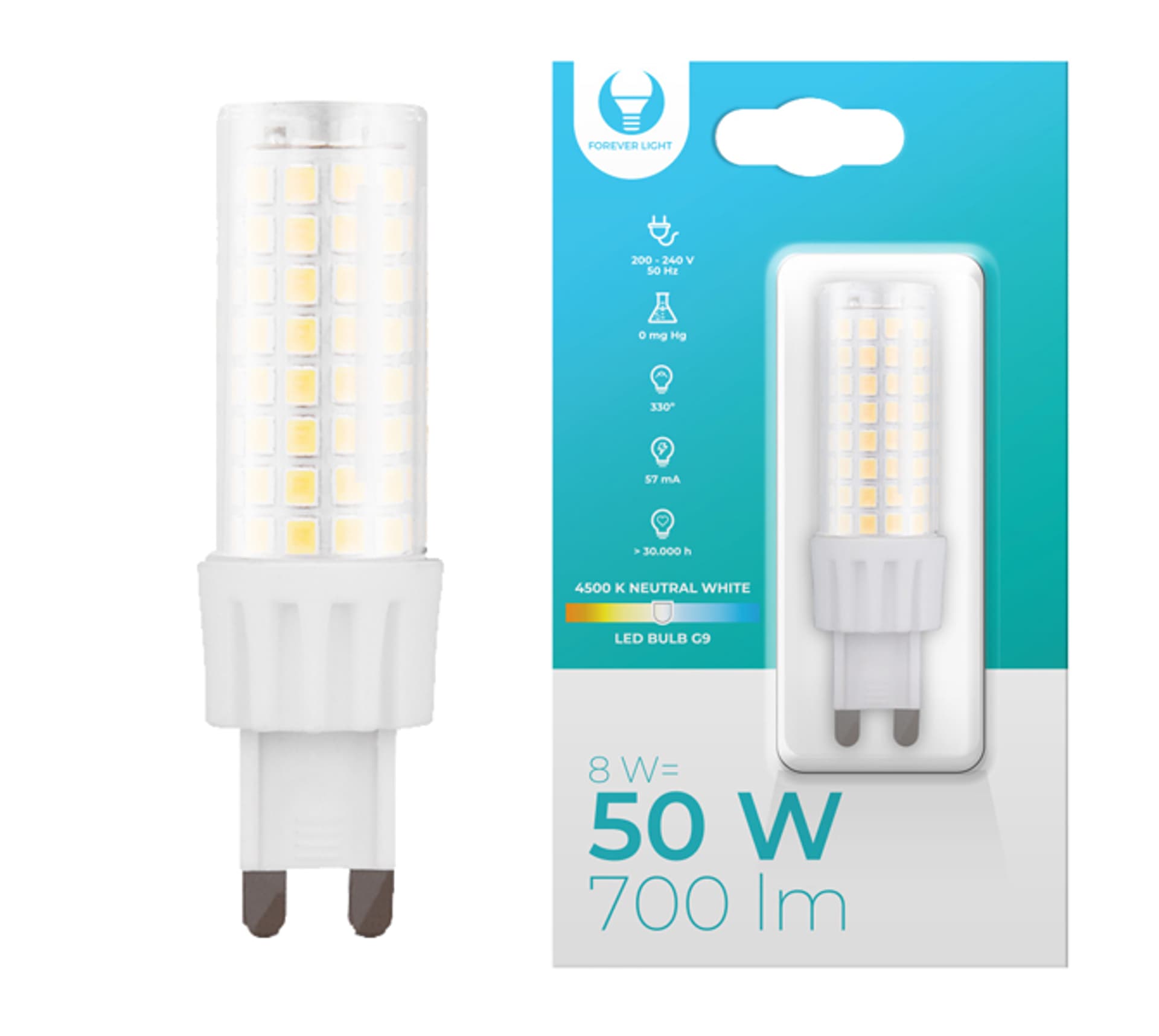 

1 szt. Żarówka LED G9, 8W, 230V, 4500K, 700lm, Forever Ligh,
