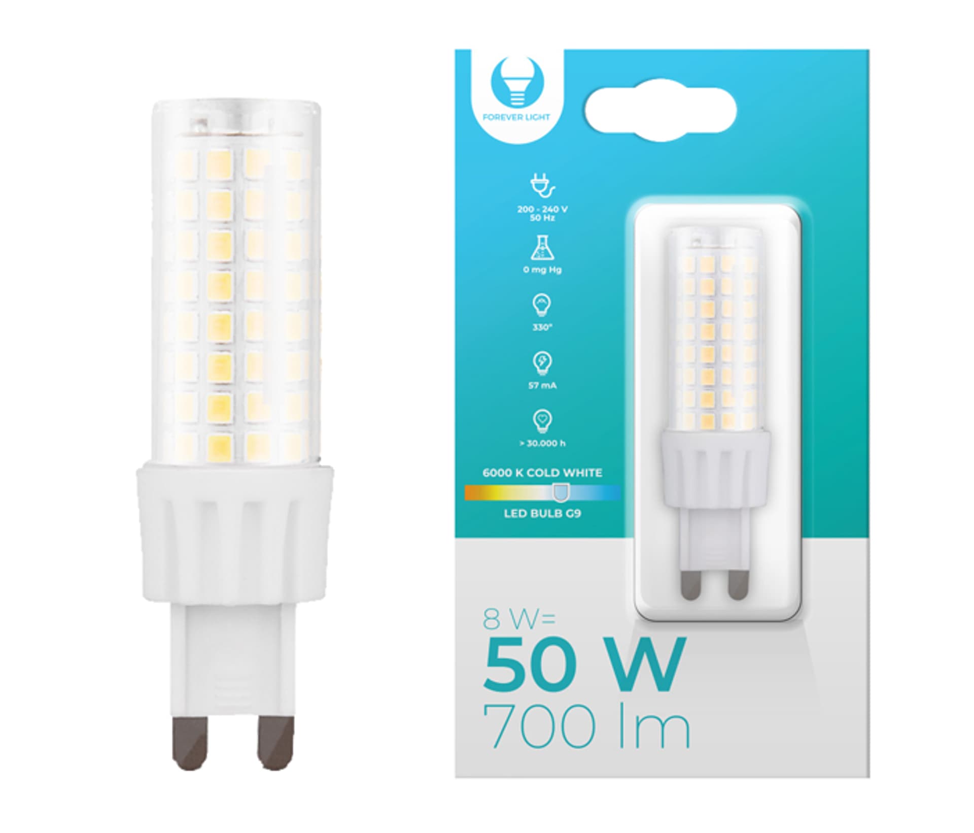 

1 szt. Żarówka LED G9, 8W, 230V, 6000K, 700lm, Forever Ligh.
