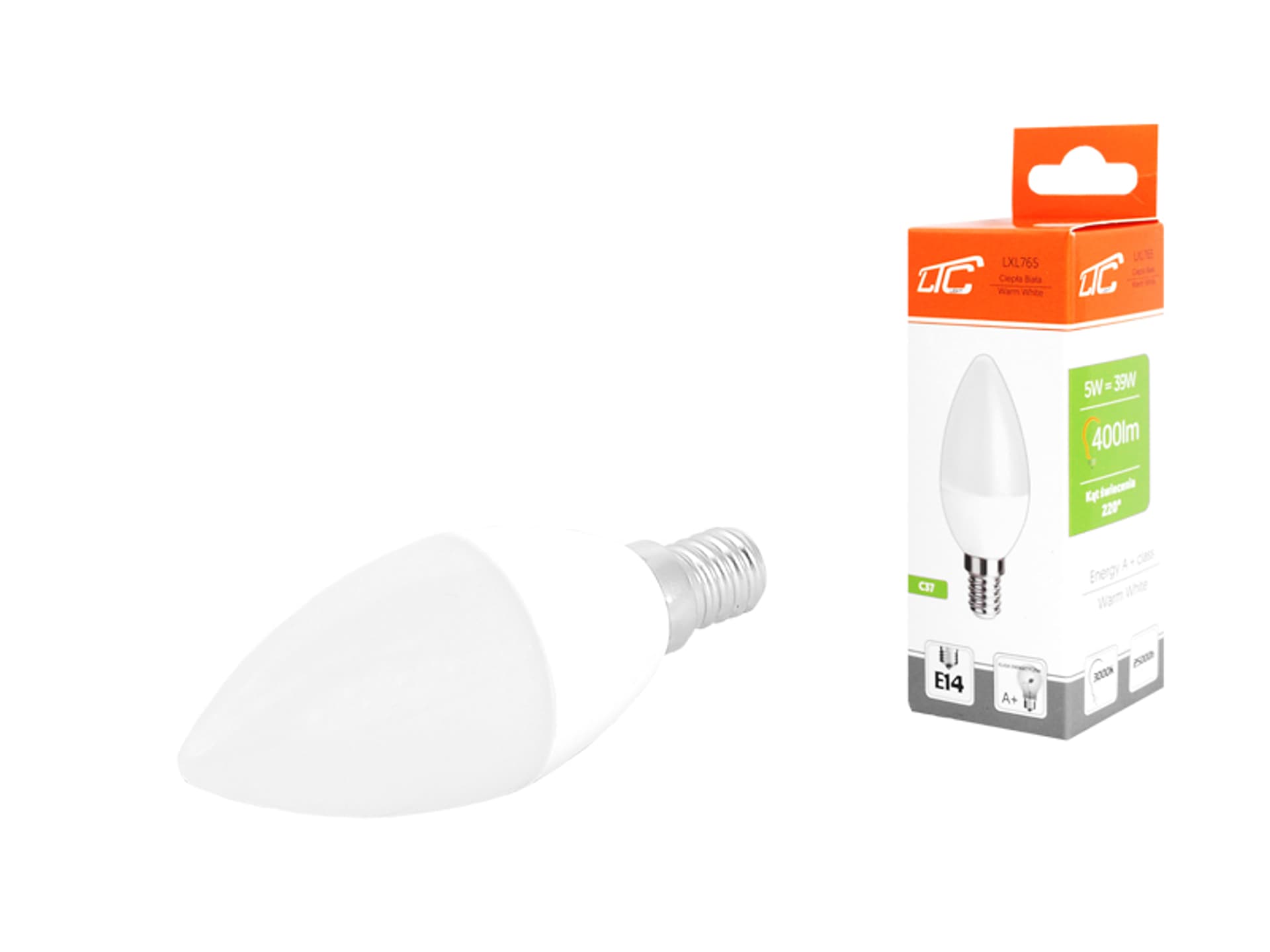 

PS Żarówka LTC LED, C37, E14, SMD, 5W, 230V, światło ciepłe białe, 400lm. (1LM)