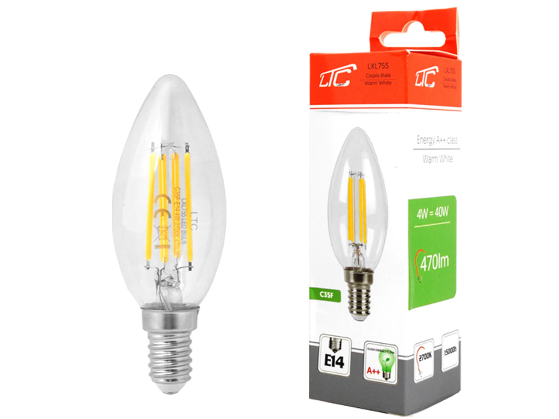 

1 szt. PS Żarówka LED C35 4W E14, Filament, 2700K, 470lm, 230V.