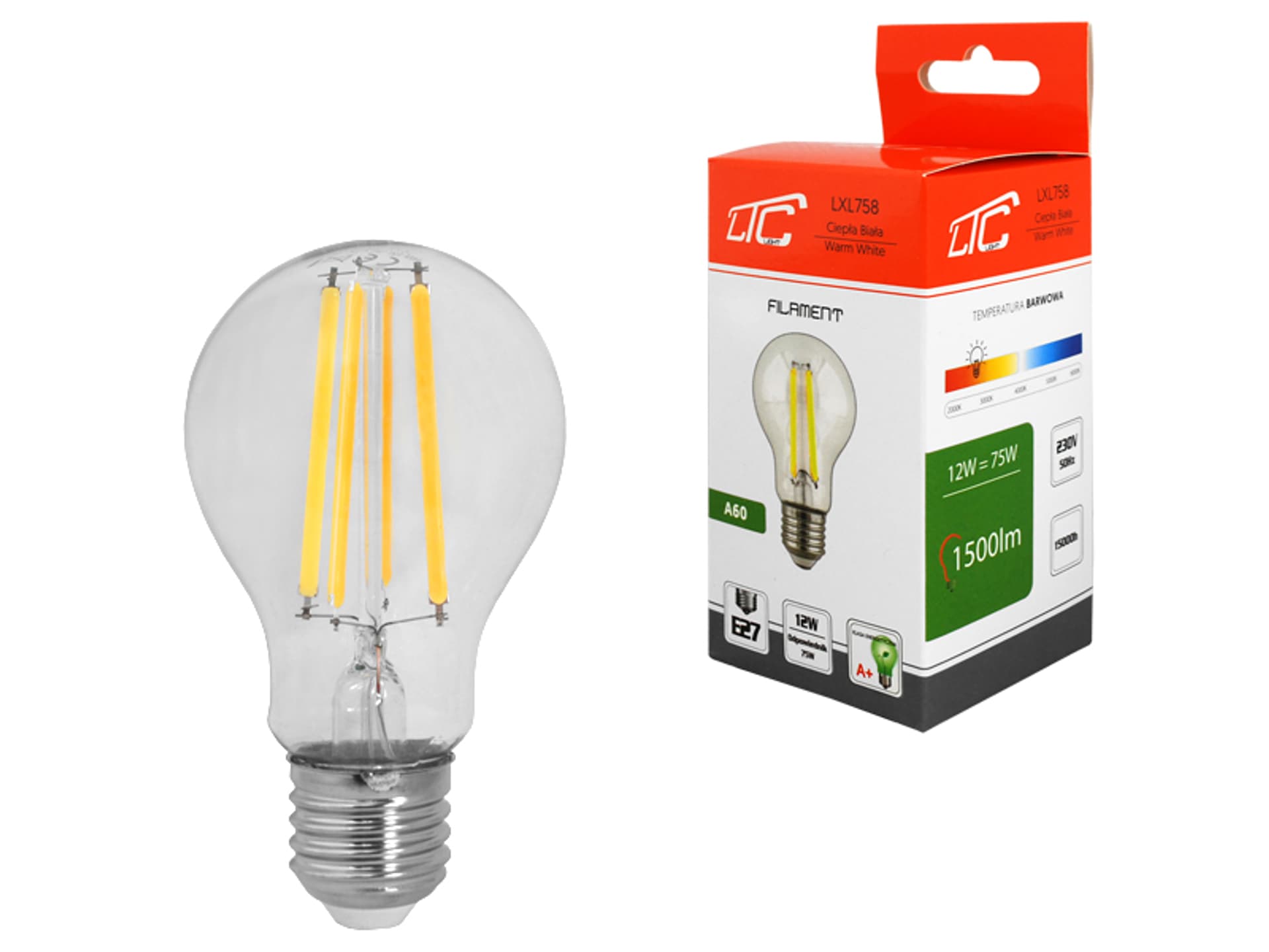 

1 szt. PS Żarówka LED A60 12W E27 Filament 2700K 1500lm 230V.