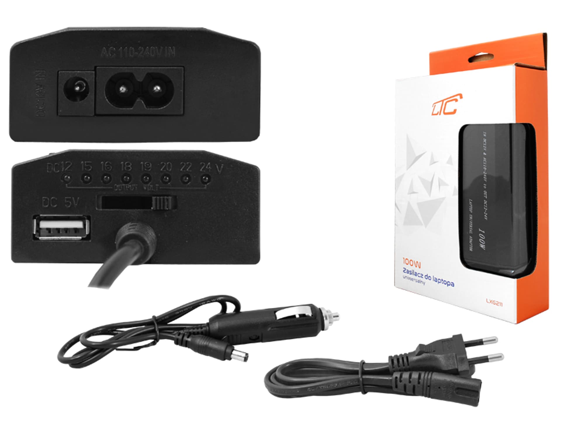 

1 szt. Zasilacz uniwersalny do laptopa 100W, 12V/230V LTC.