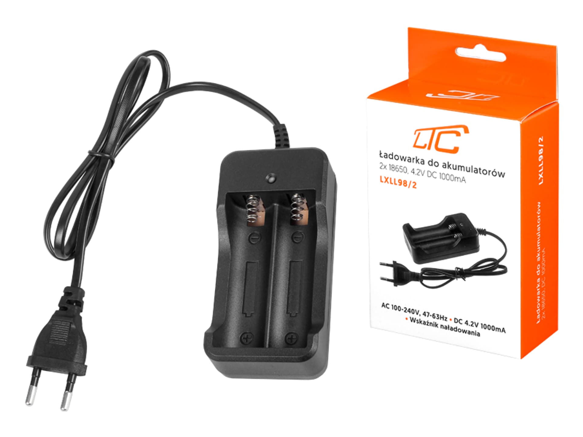 

PS LTC Ładowarka do akumulatorów podwójna, 2 x 18650, 4.2V DC 1000mA. (1LM)