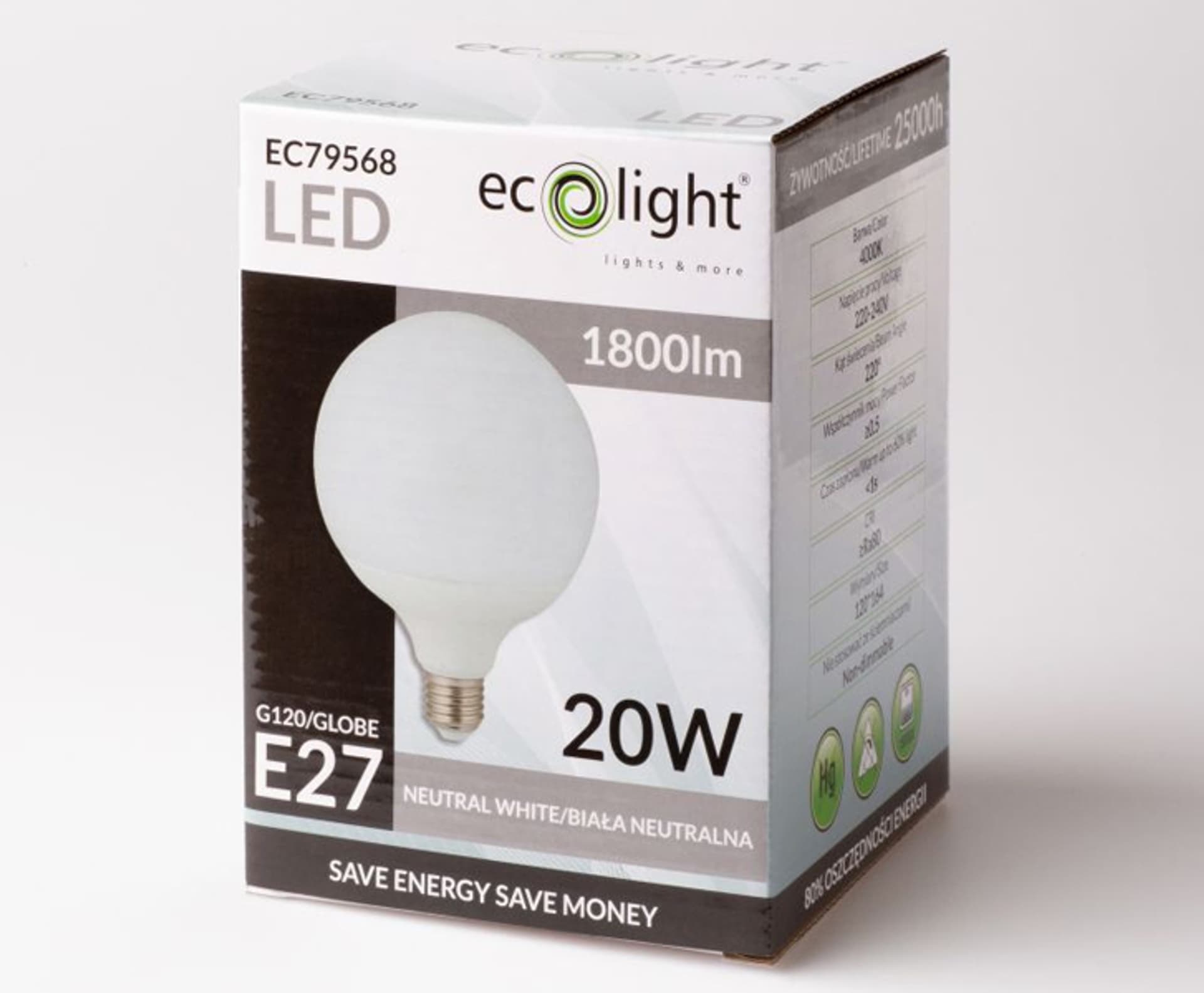 

Żarówka LED Globe E27, 20 W, biały neutralny. (1LM)