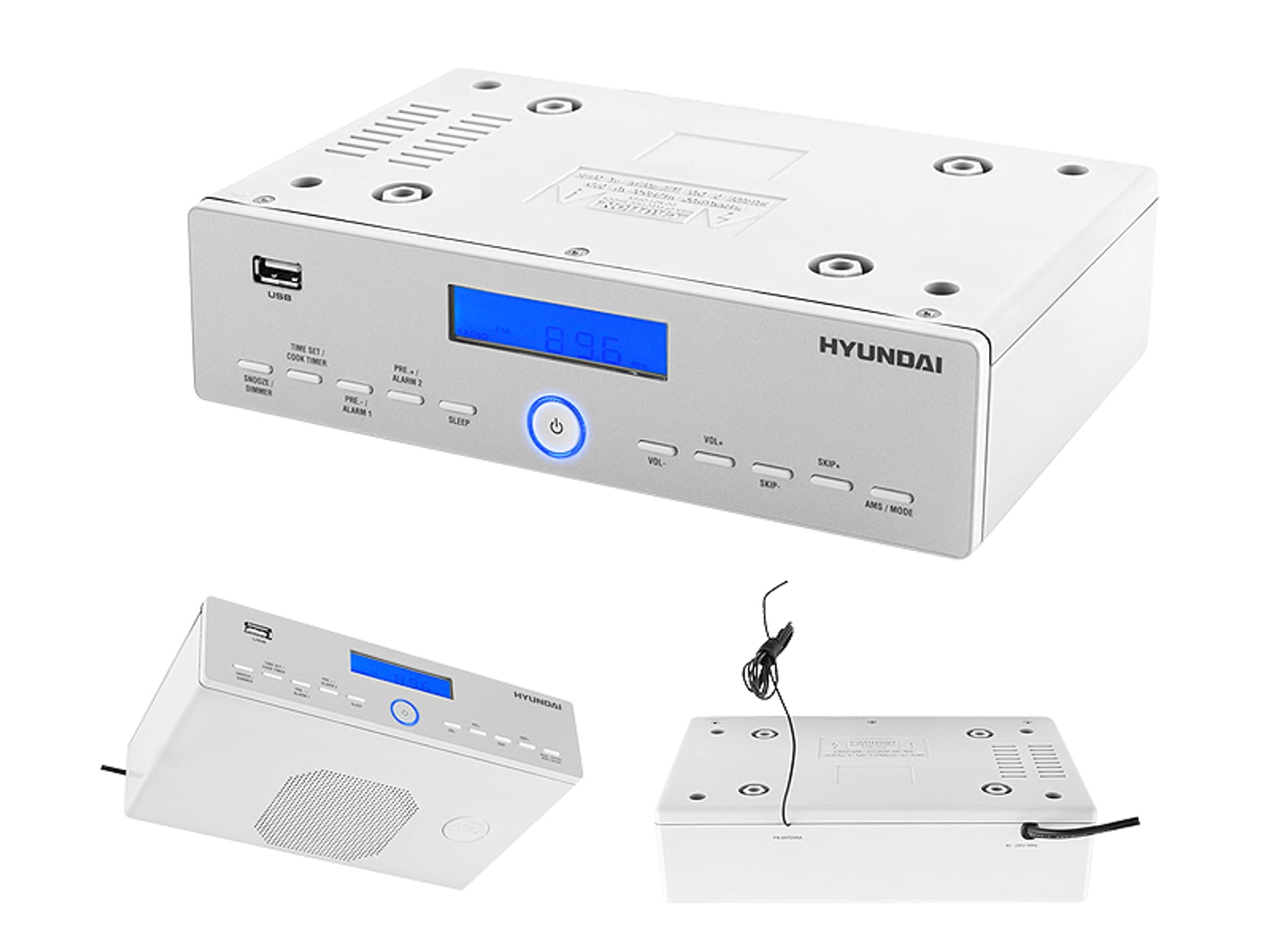 

1 szt. Radio podwieszane Hyundai KR815PLLU USB MP3 zegar, budzik, biało-srebrne.