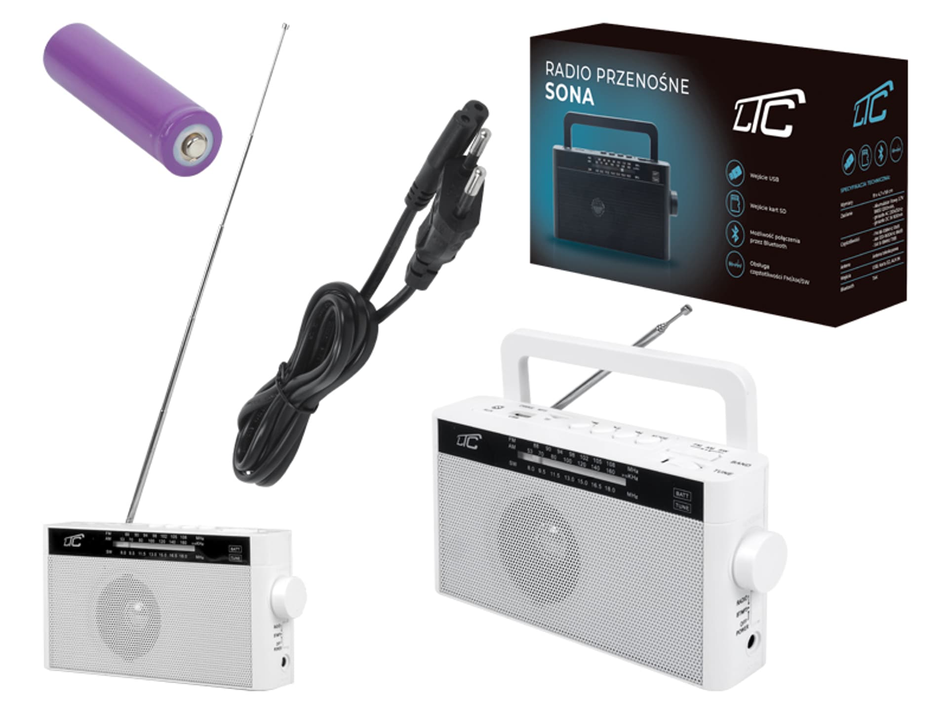 

Radio przenośne LTC SONA z bluetooth USB, TF, Białe. (1LM)