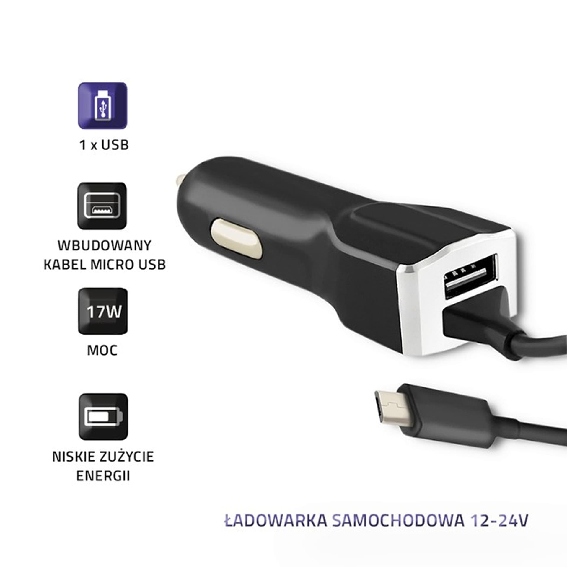 

Qoltec Ładowarka samochodowa 12-24V | 17W | 5V | 3.4A | USB + kabel Micro USB (0NC)