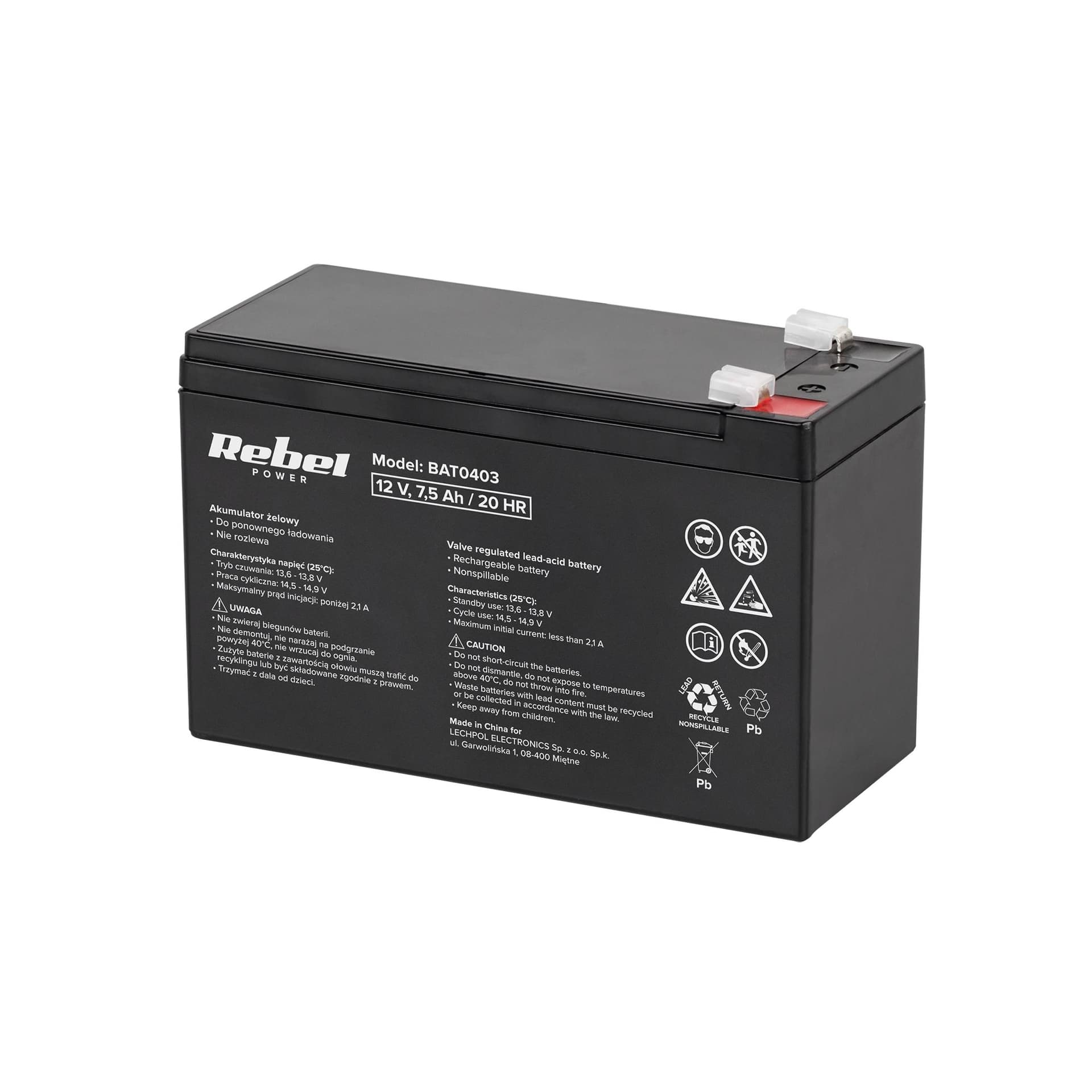 

Akumulator żelowy Rebel 12V 7,5Ah