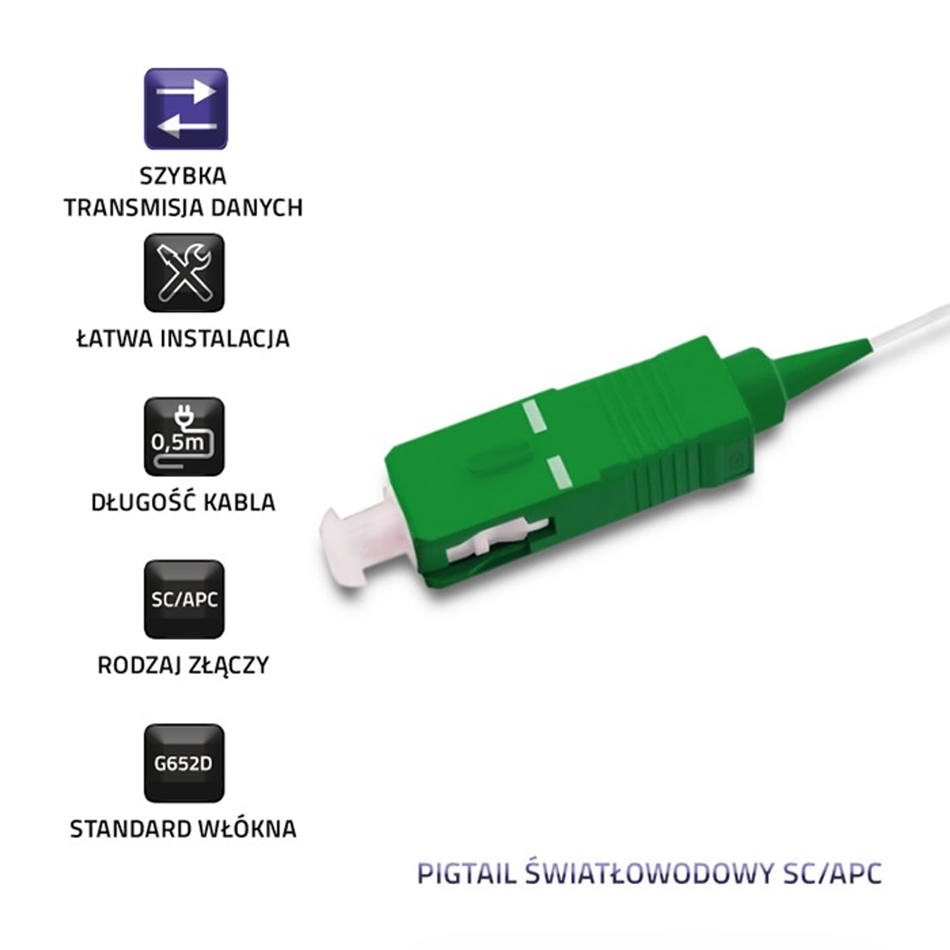 

Qoltec Pigtail światłowodowy SC/APC | Singlemode | 9/125 | G652D | 0.5m (0NC)