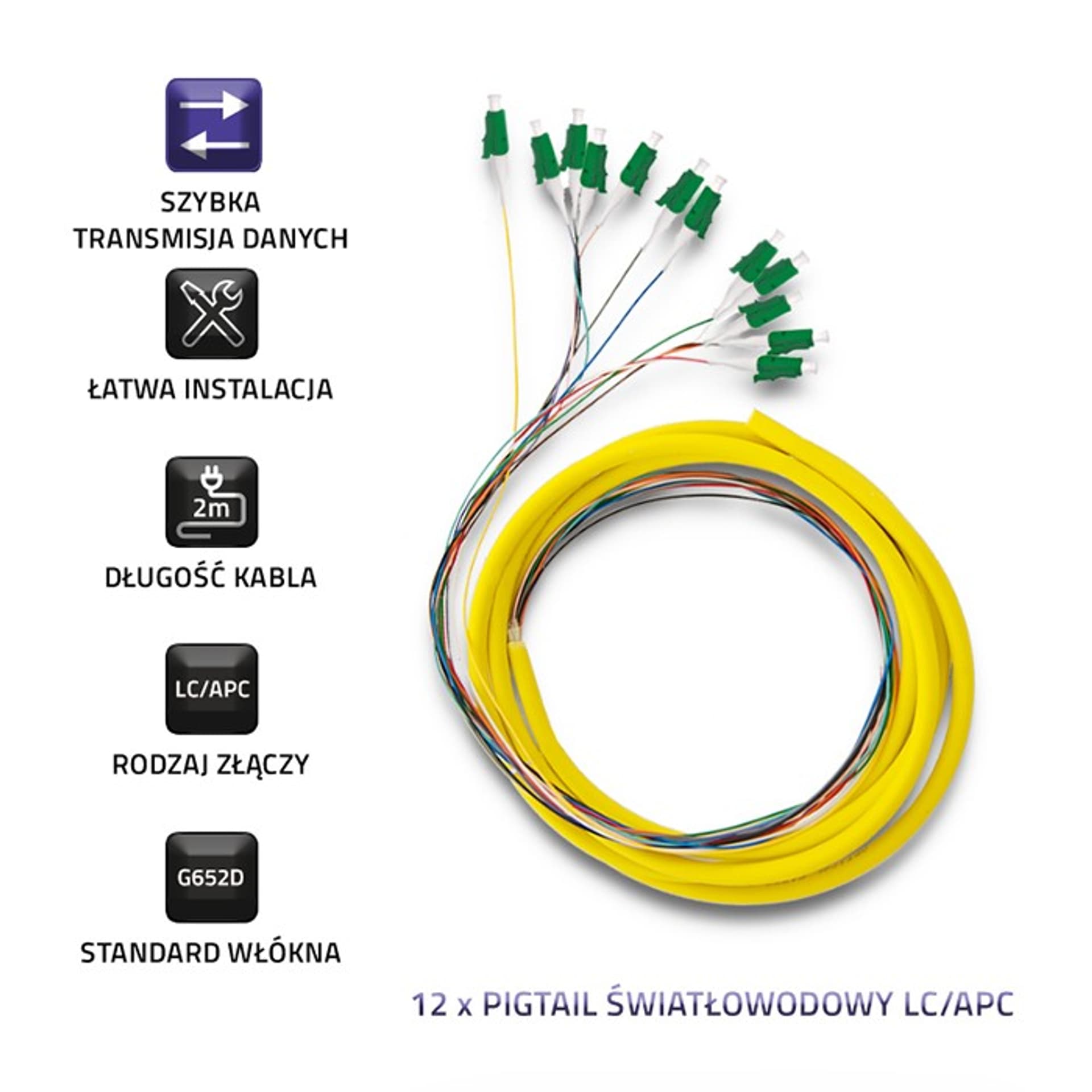 

Qoltec 12 x Pigtail światłowodowy LC/APC | Singlemode | G652D | 2m (0NC)