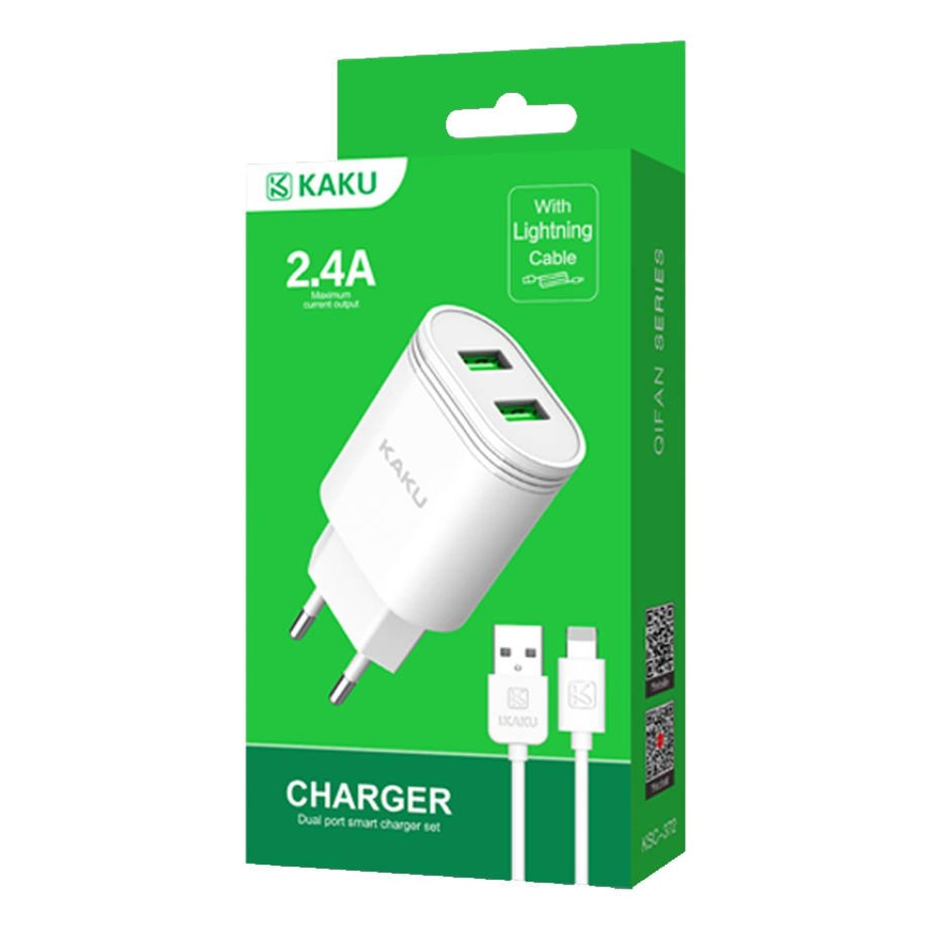 

Ładowarka sieciowa 2.4A 2xUSB + Kabel USB iPhone Lightning 1m KAKU Dual Port Smart Charger EU (KSC-372) biała, Ksc-372) biał