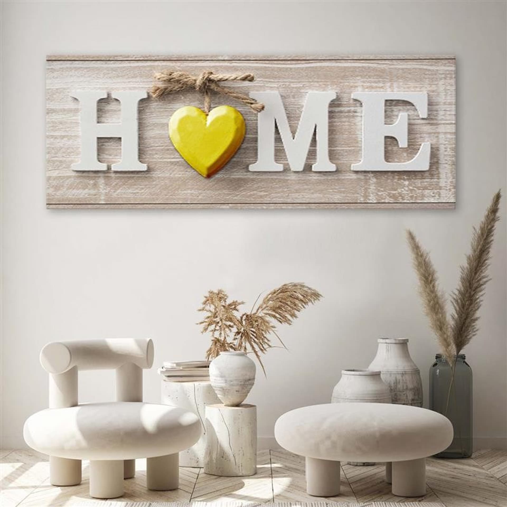 

Obraz na płótnie, Napis Home z żółtym sercem na jasnym drewnie (Rozmiar 120x40)