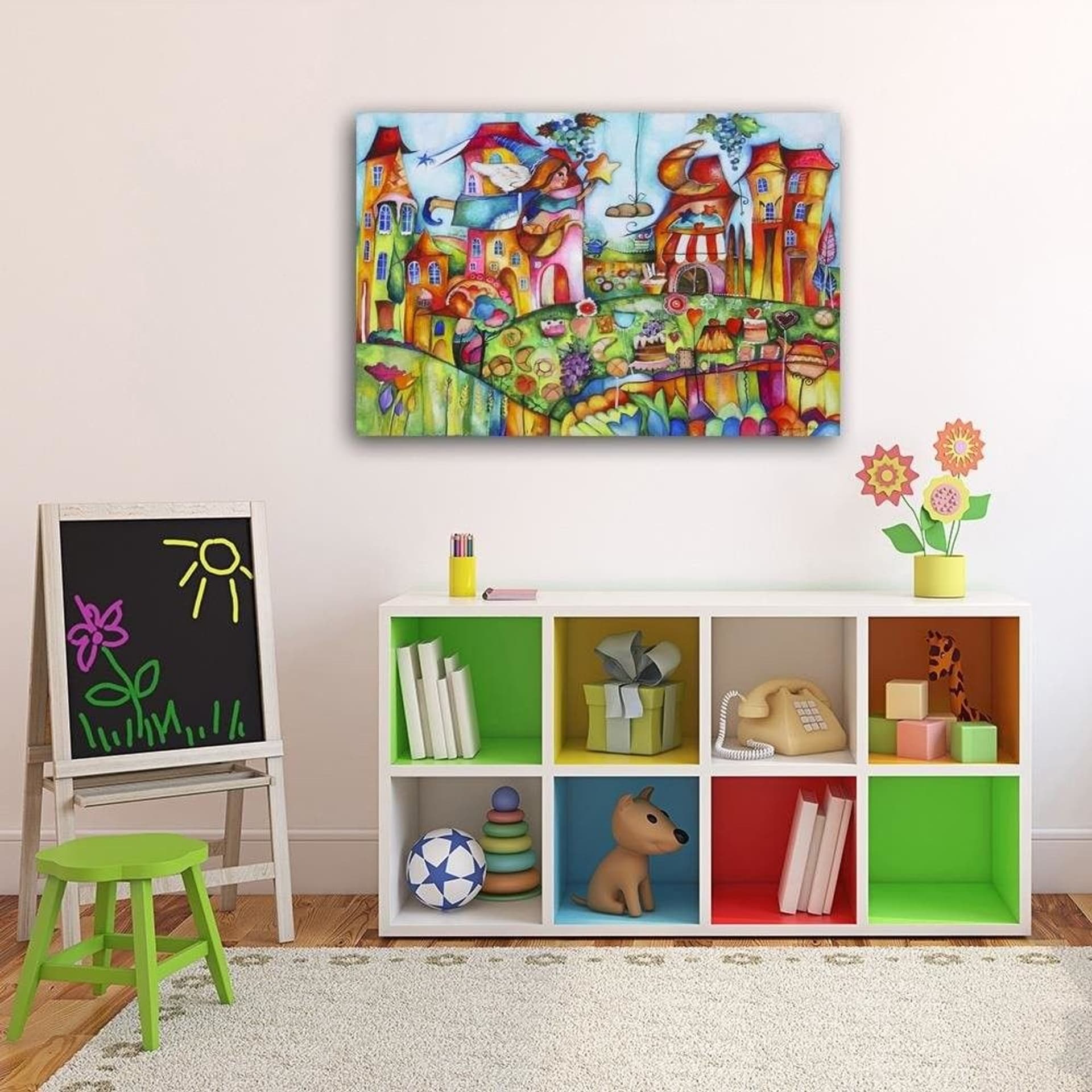 

Obraz na płótnie, Wróżka w kolorowym miasteczku (Rozmiar 100x70)