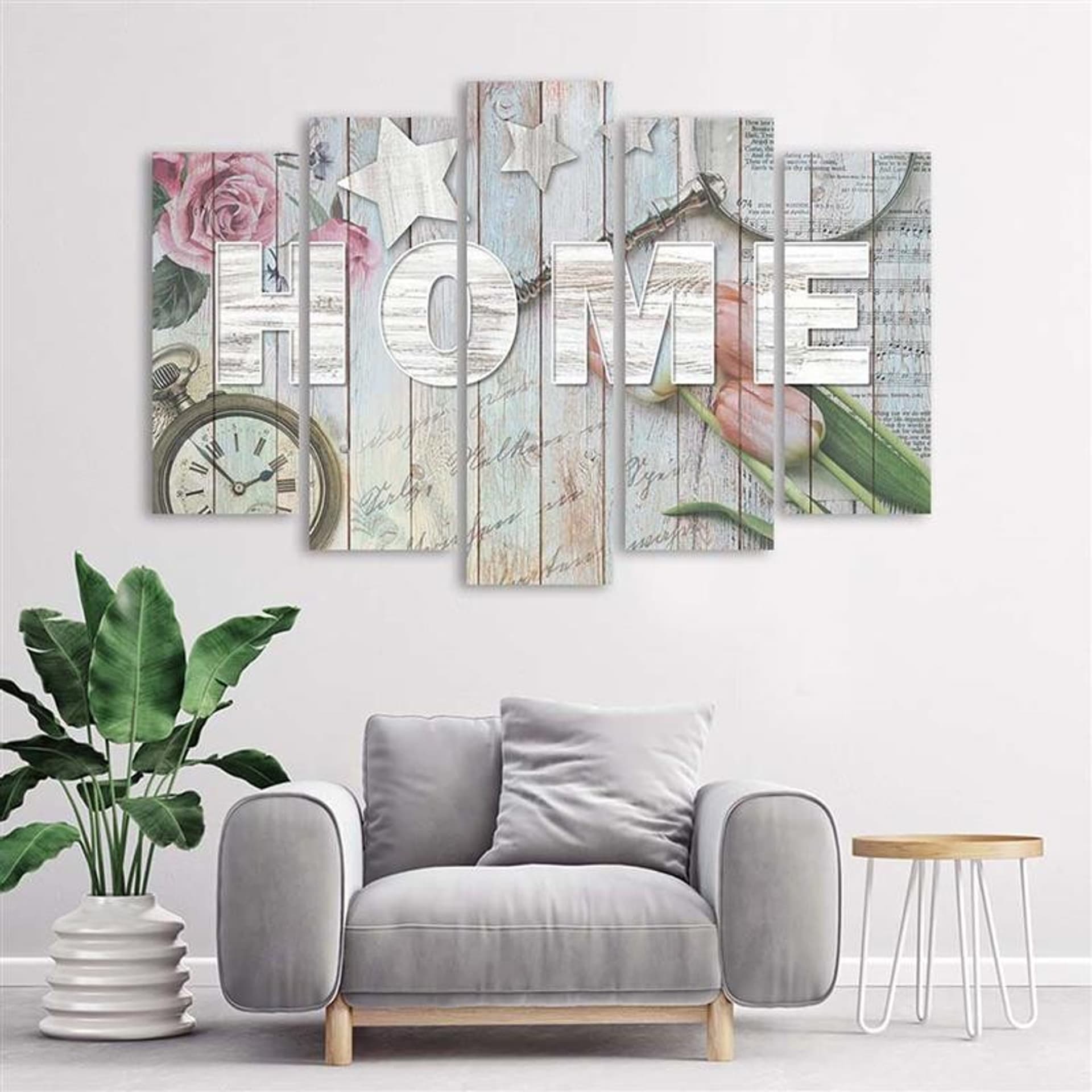 

Obraz pięcioczęściowy Deco Panel, Napis Home szare drewno i kwiaty (Rozmiar 150x100)