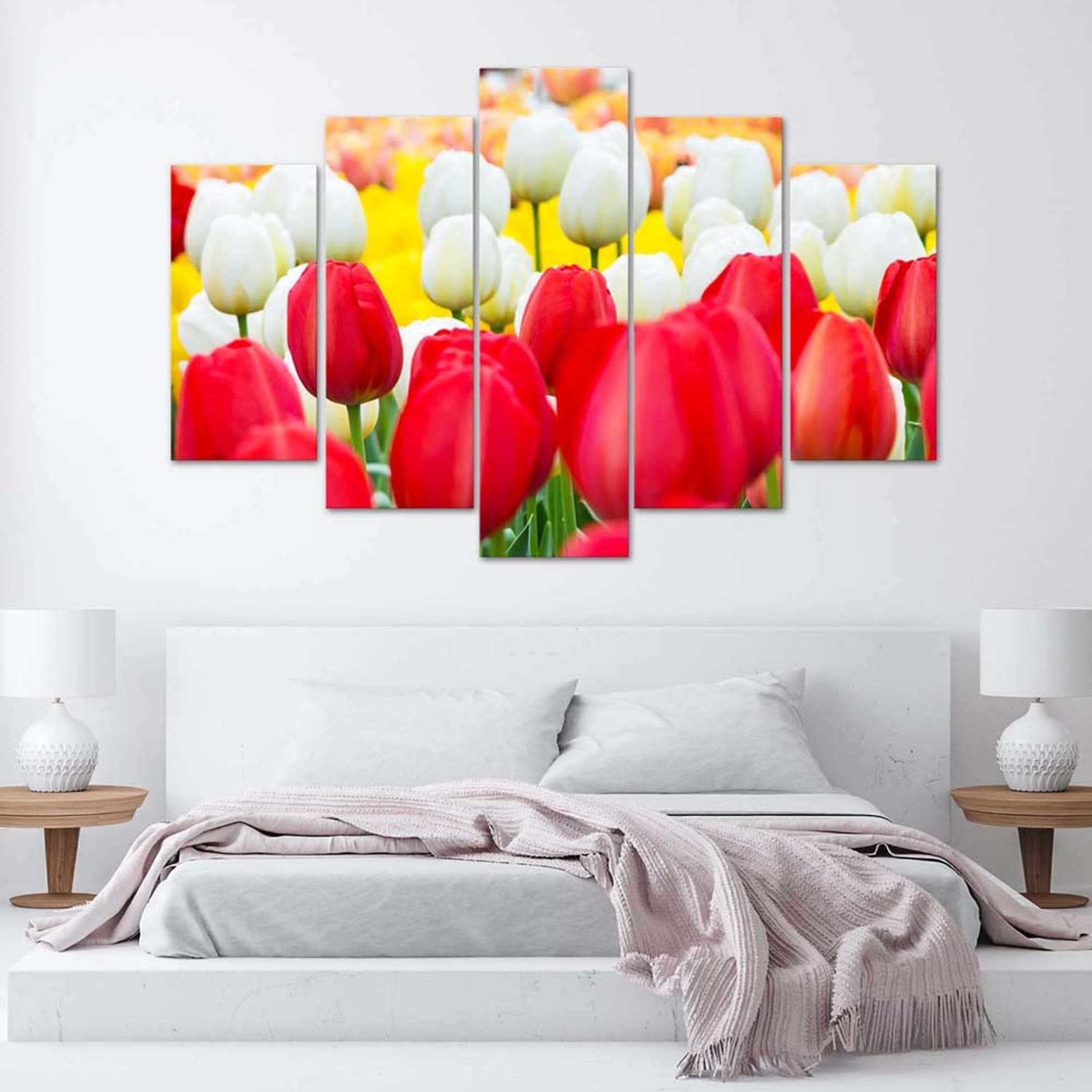 

Obraz pięcioczęściowy na płótnie, Białe i czerwone tulipany (Rozmiar 150x100)
