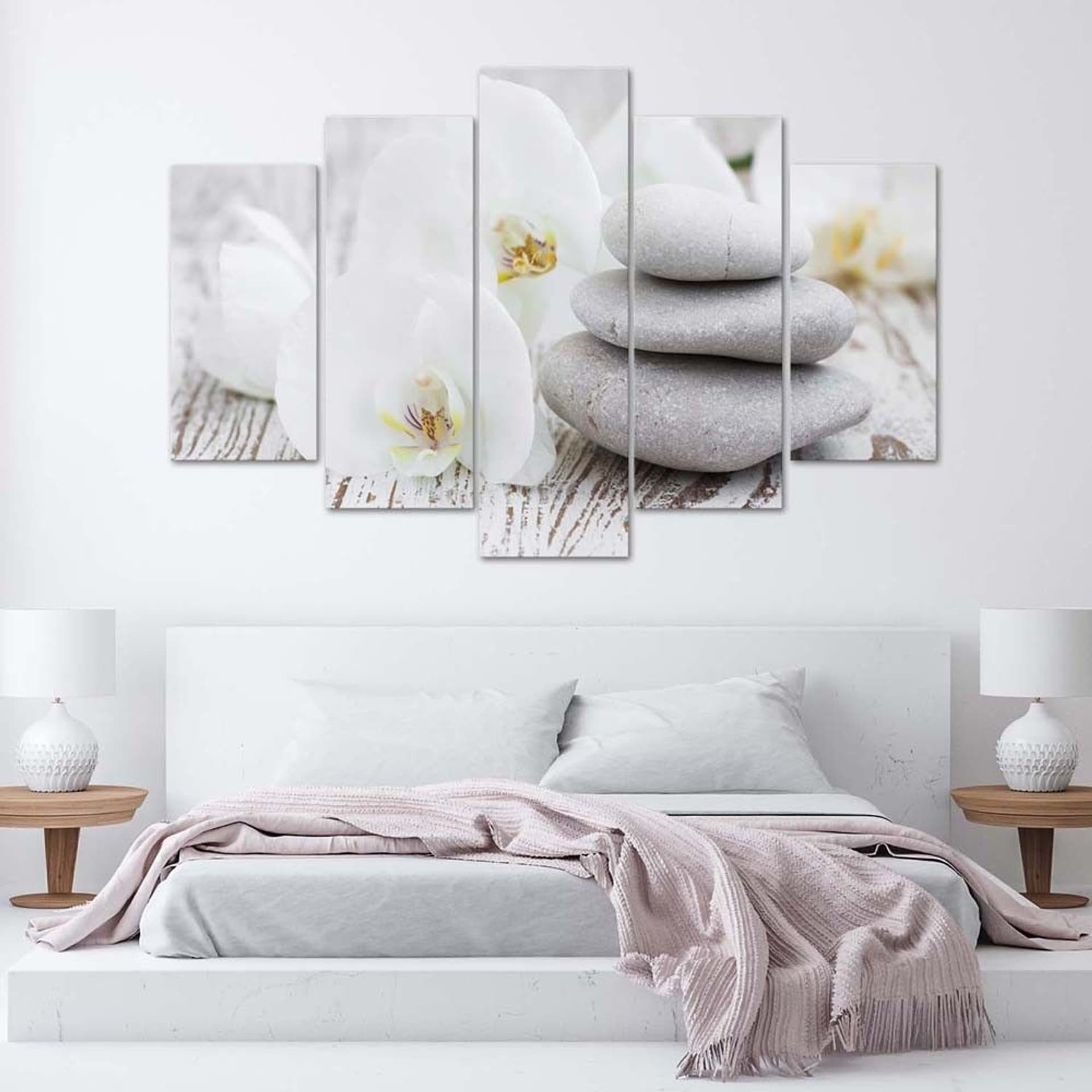 

Obraz pięcioczęściowy na płótnie, Biała orchidea zen i kamienie (Rozmiar 100x70)