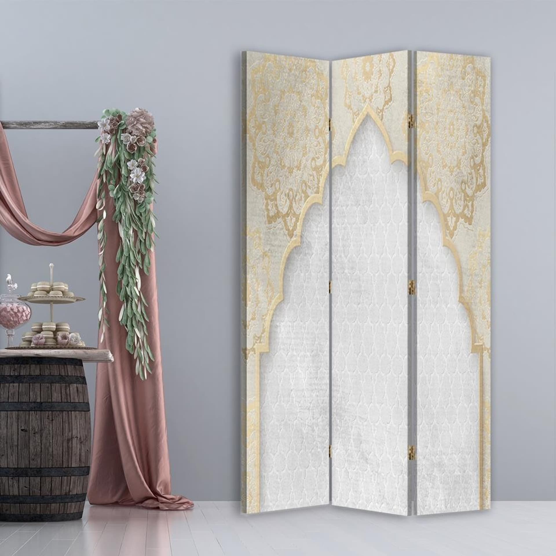 

Parawan dwustronny obrotowy, Orientalny wzór w złocie (Rozmiar 110x170)