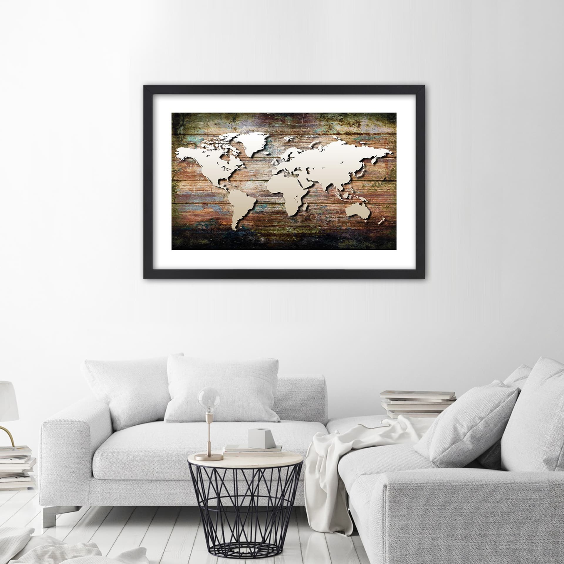 

Obraz w ramie, Mapa świata na starych deskach (Rozmiar 30x20)