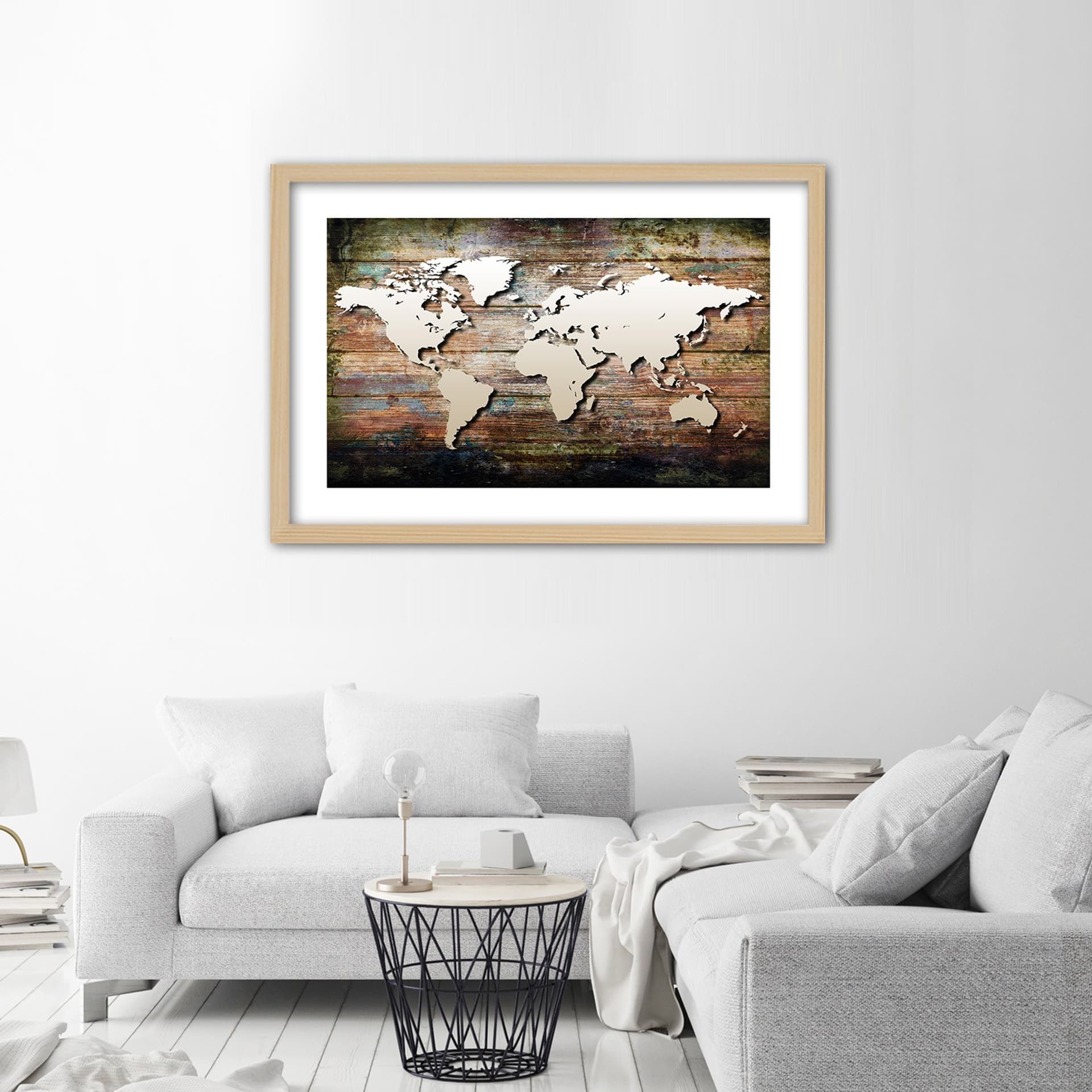 

Obraz w ramie, Mapa świata na starych deskach (Rozmiar 60x40)