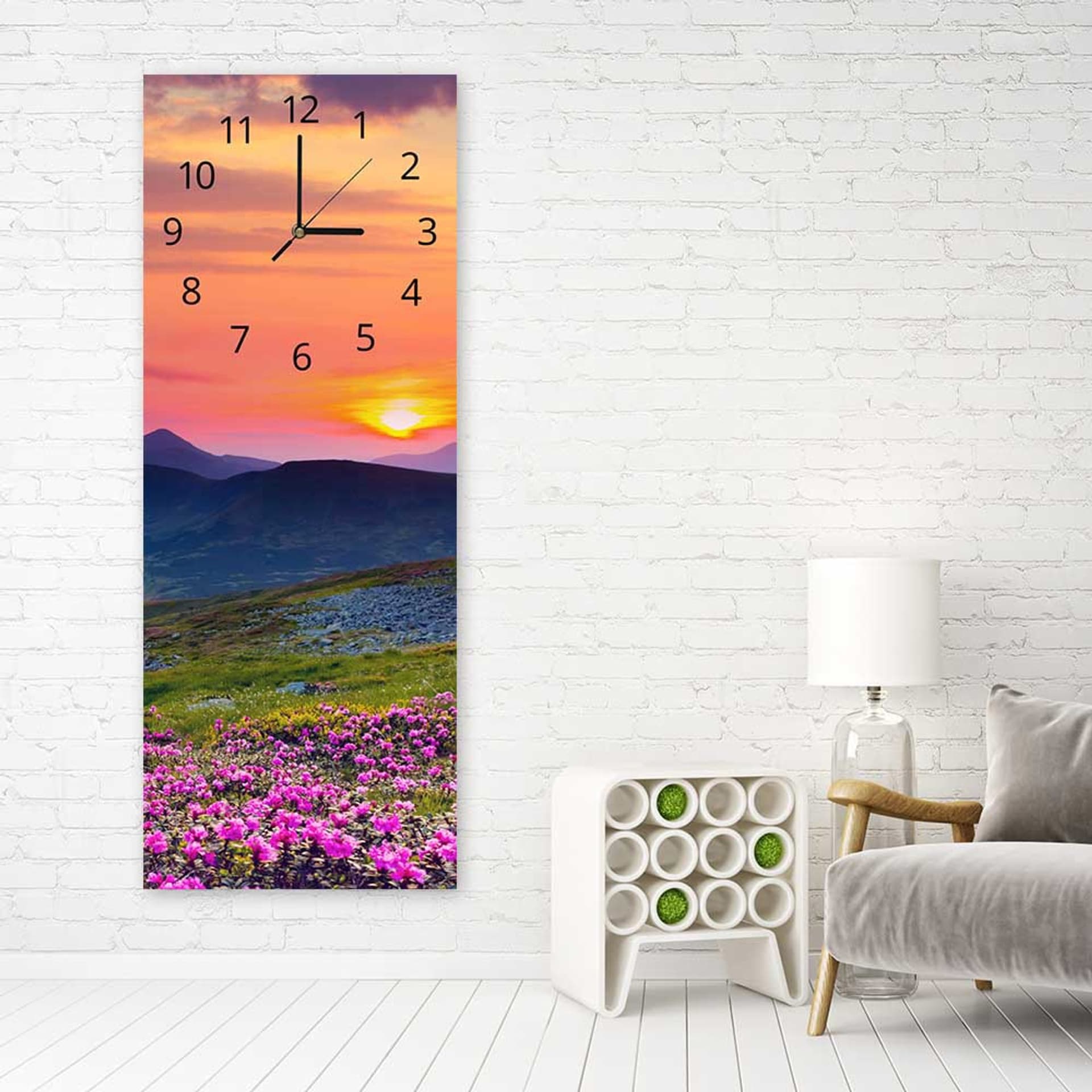 

Obraz z zegarem, Górska łąka o zachodzie słońca (Rozmiar 30x90)