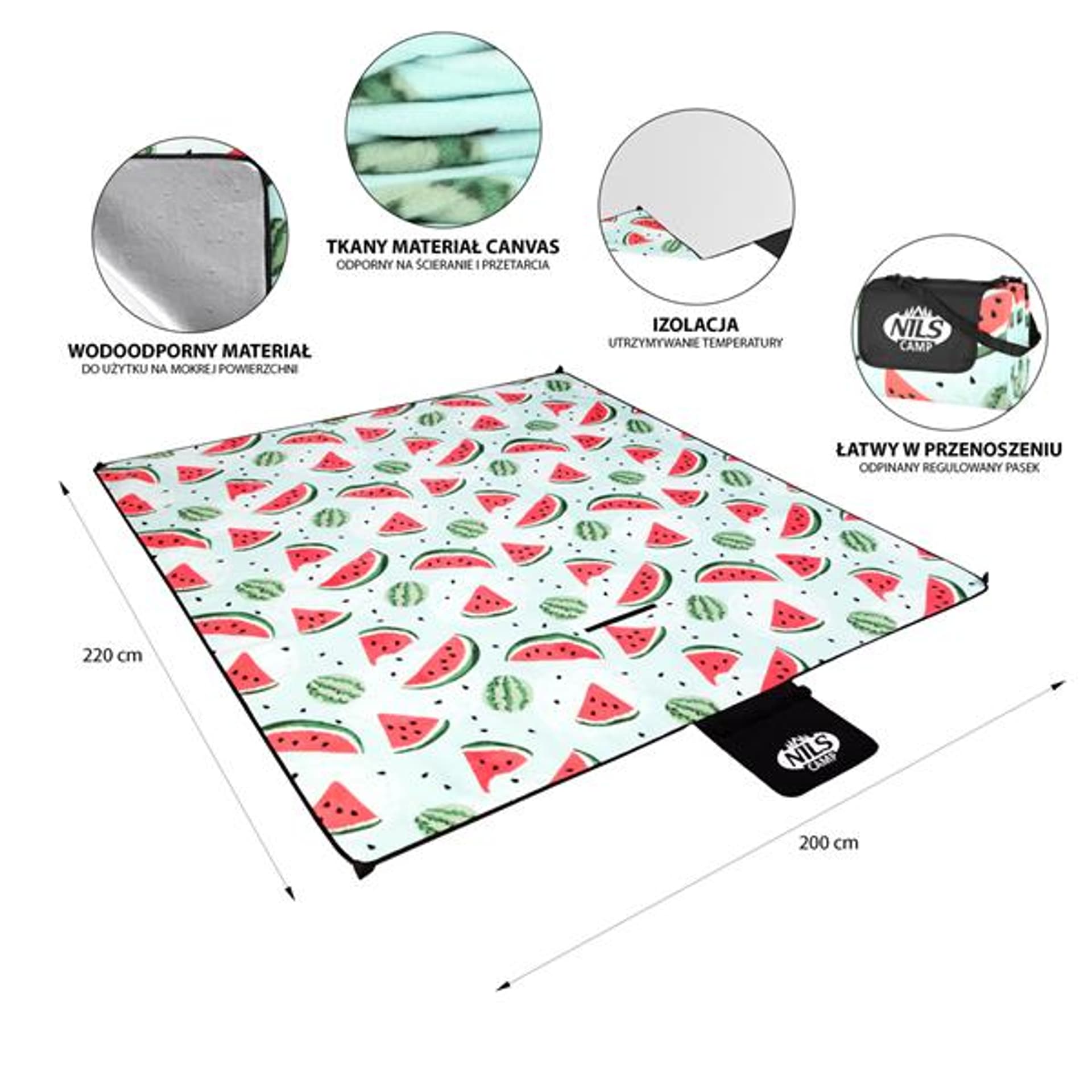 

NC2312 ARBUZY KOC PIKNIKOWY 220×200cm PE + ALU NILS CAMP