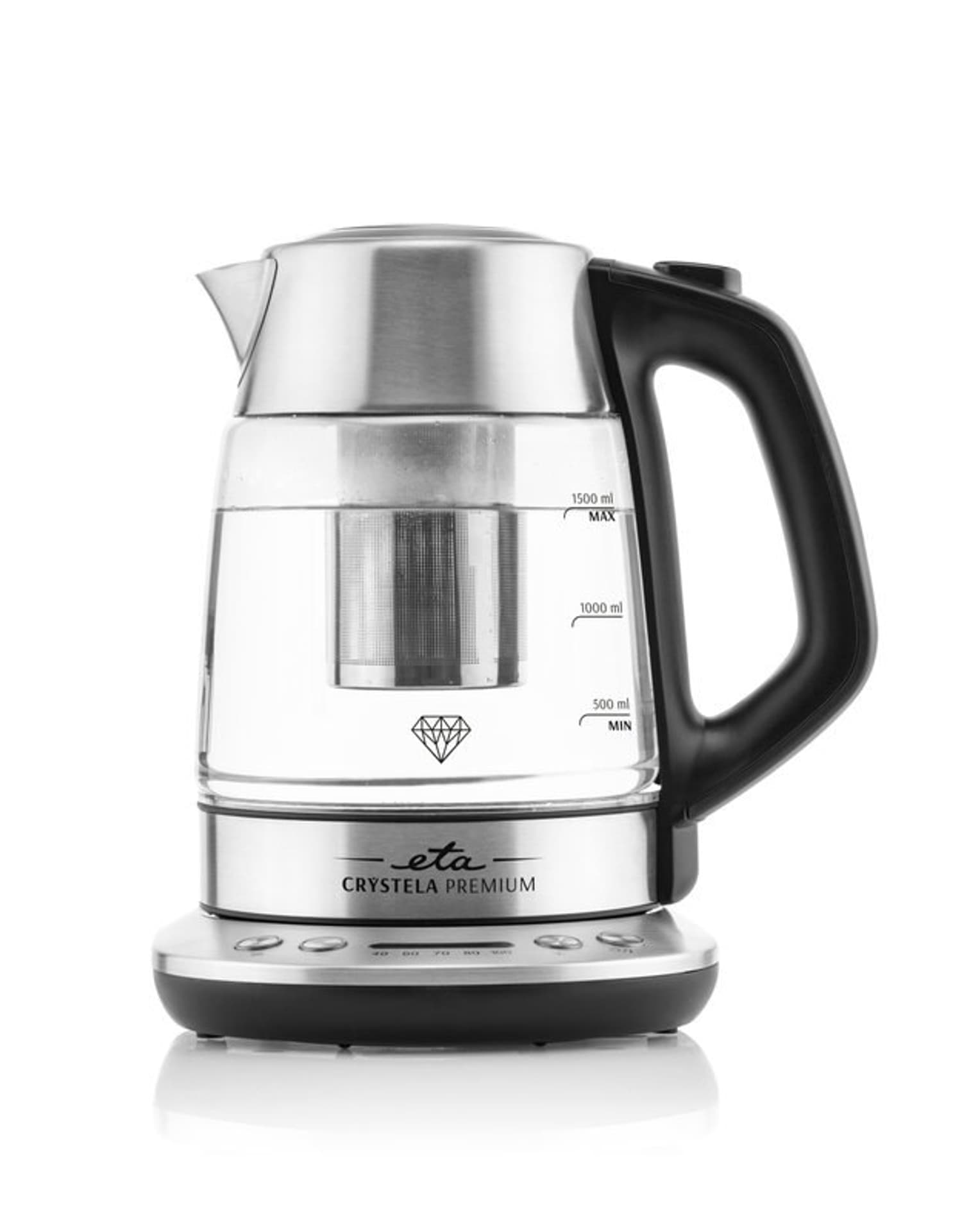 

ETA Czajnik Crystela Premium ETA915390000 elektryczny, 2200 W, 1,5 L, szkło, podstawa obrotowa 360°, stal nierdzewna/szkło