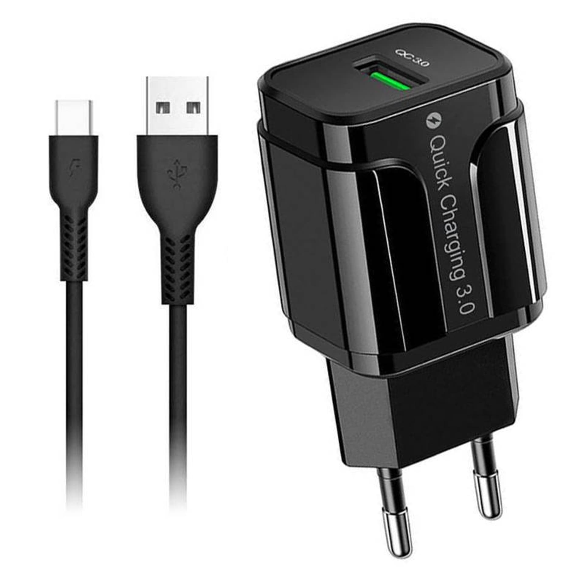 

Ładowarka do telefonu USB + kabel typ-C QC 3.0 (czarna)