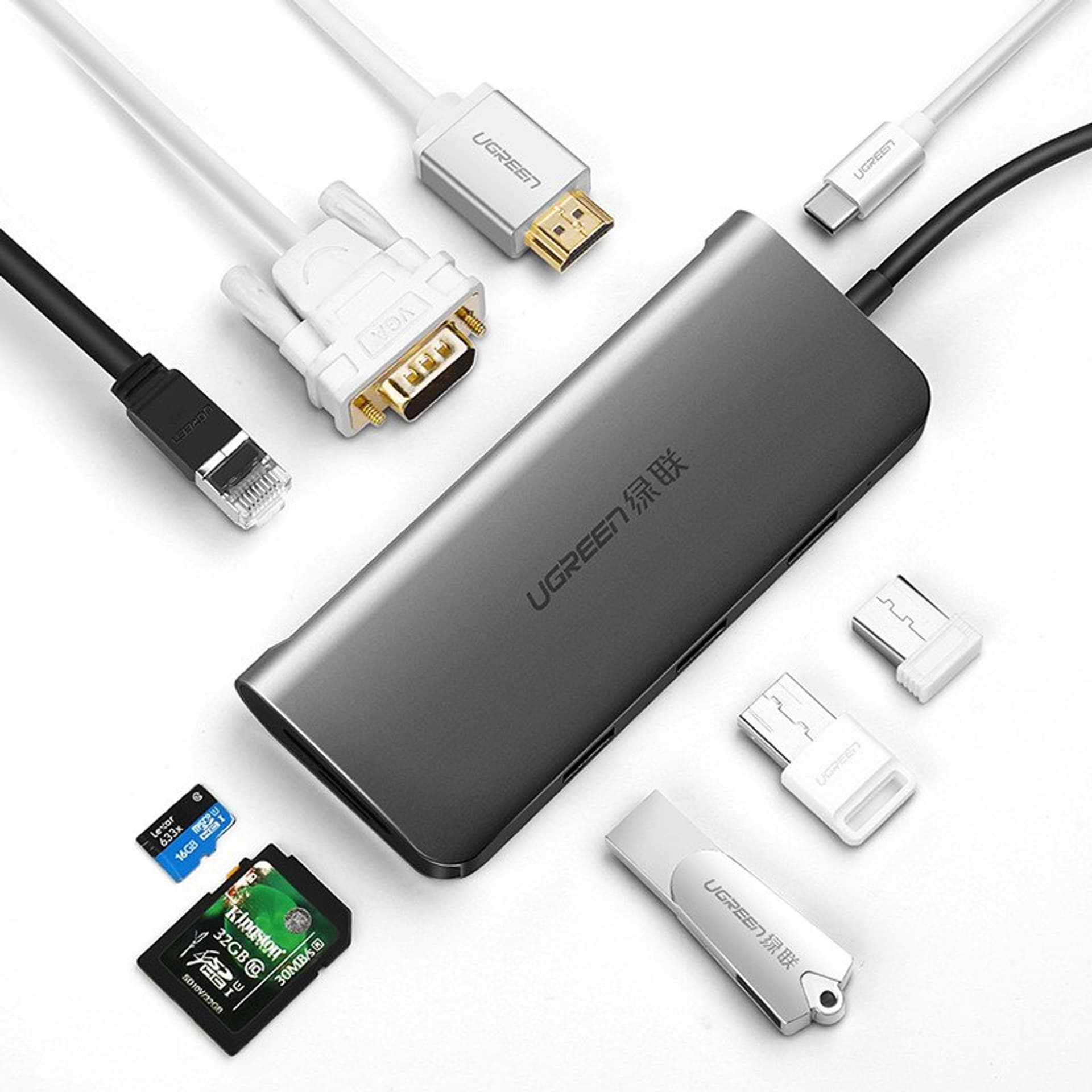 

Adapter hub 9w1 UGREEN USB-C do HDMI 4K, 3x USB 3.0, Typ-C PD, RJ45, SD, Micro SD, VGA (szary)