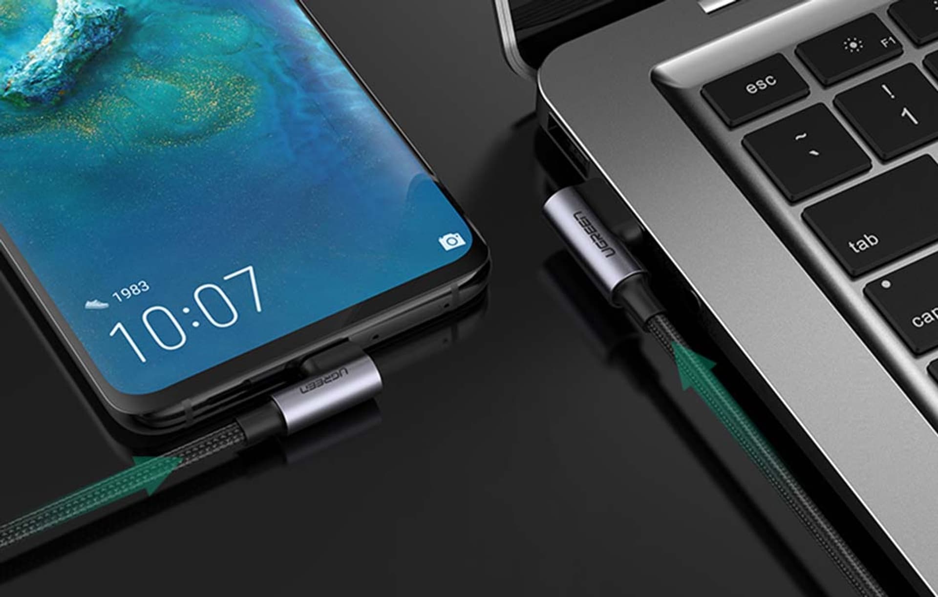 

Kabel USB do USB-C, kątowy UGREEN US176, 3A, 0.5m (czarny)