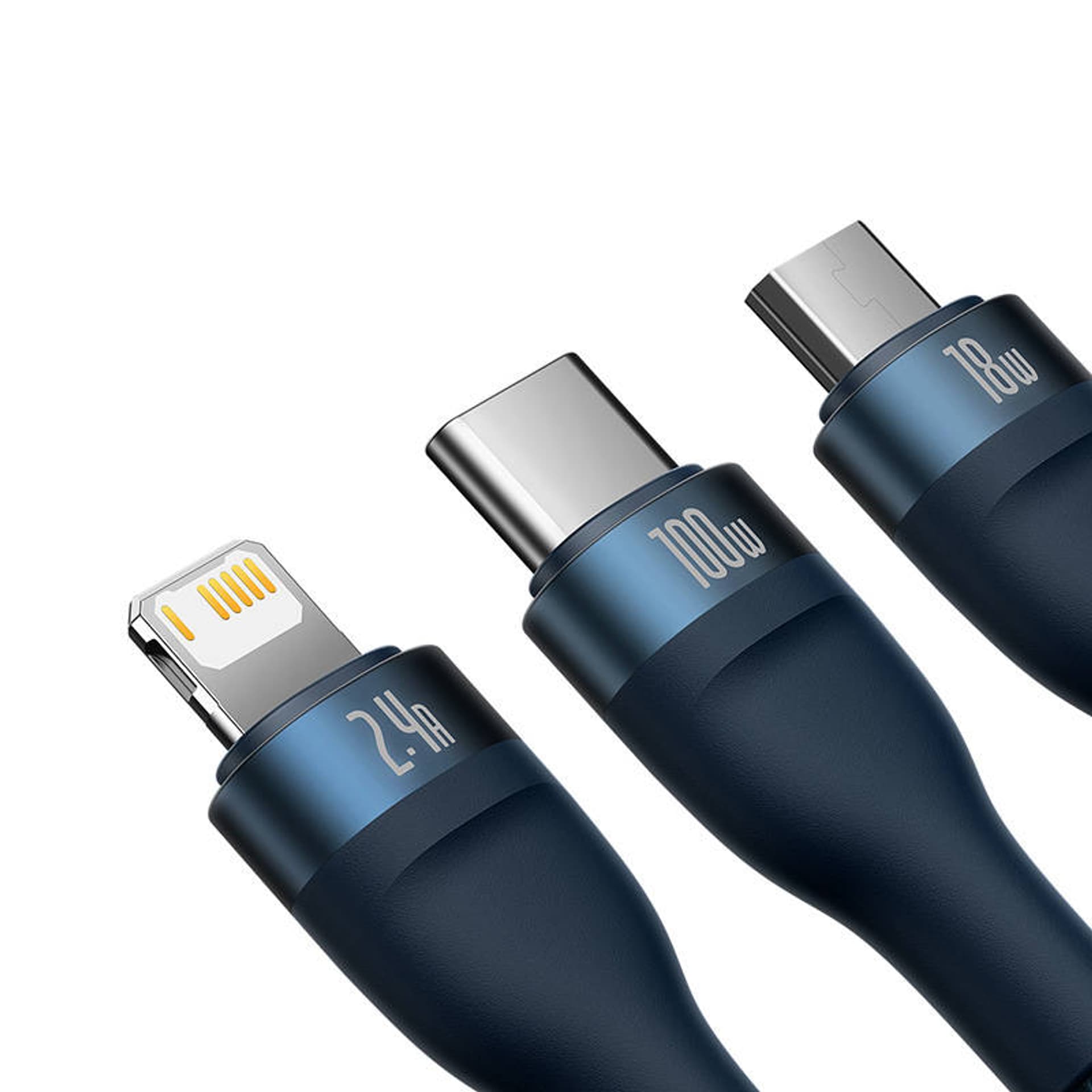 

Kabel USB 3w1 Baseus Flash Series, USB-C + micro USB + Lightning, 100W, 1.2m (niebieski)