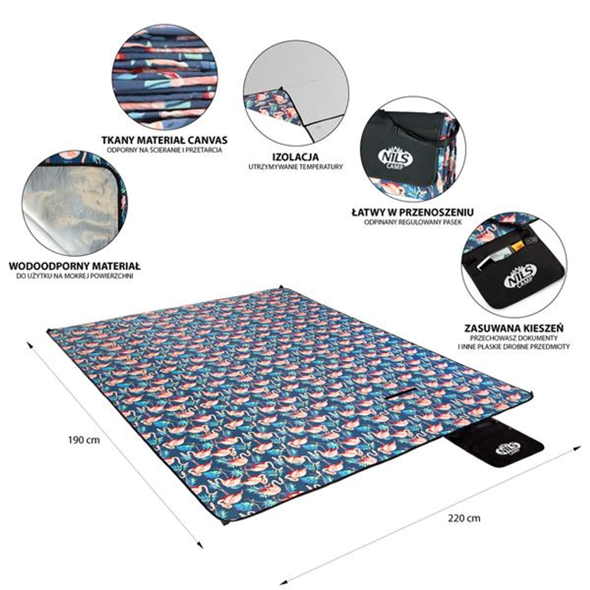 

NC8014 NIEBIESKI FLAMINGI KOC PIKNIKOWY 220x200 PE ALU NILS CAMP