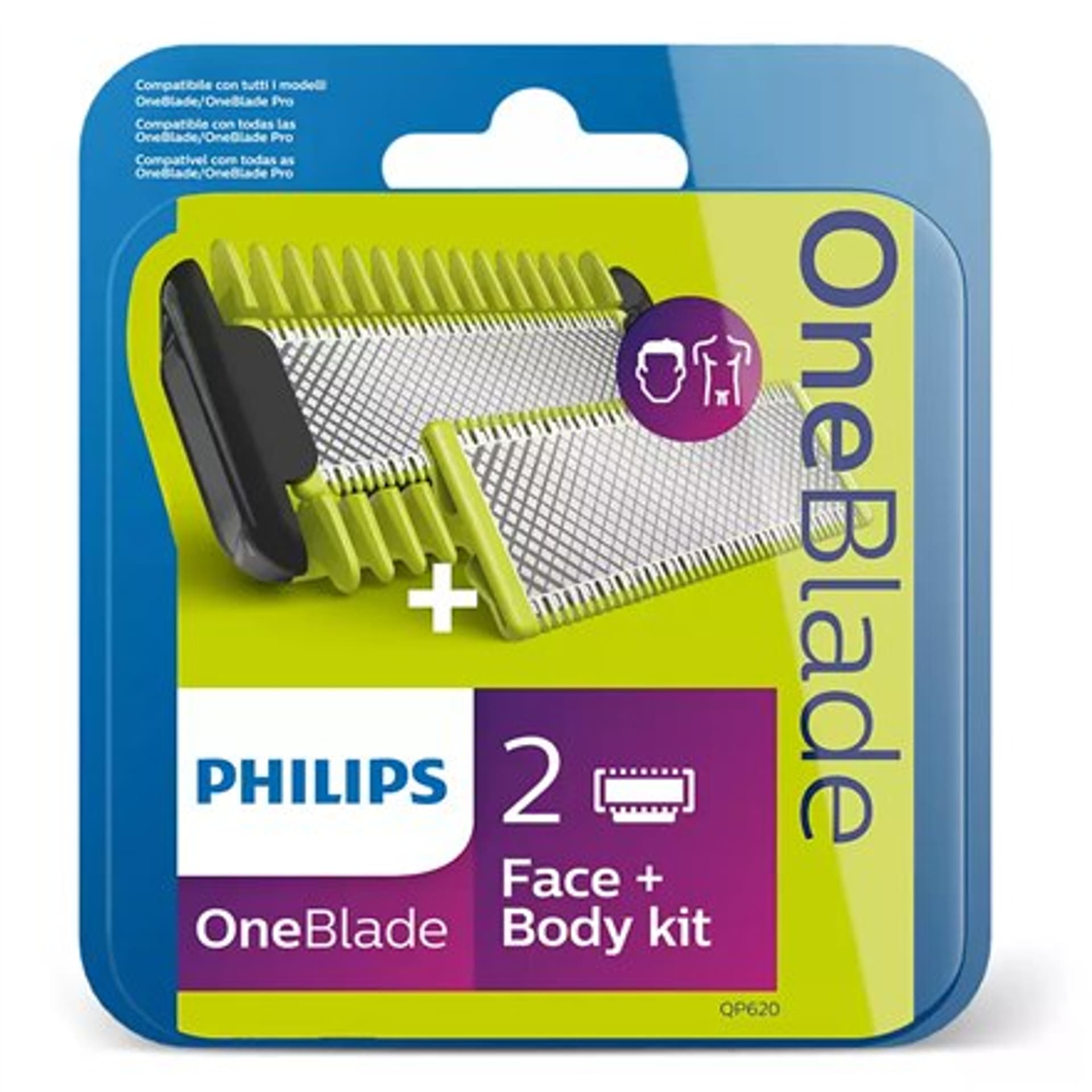 

Philips OneBlade zestaw do twarzy i ciała QP620/50 Liczba głowic golących/ostrzy 2, Zielony