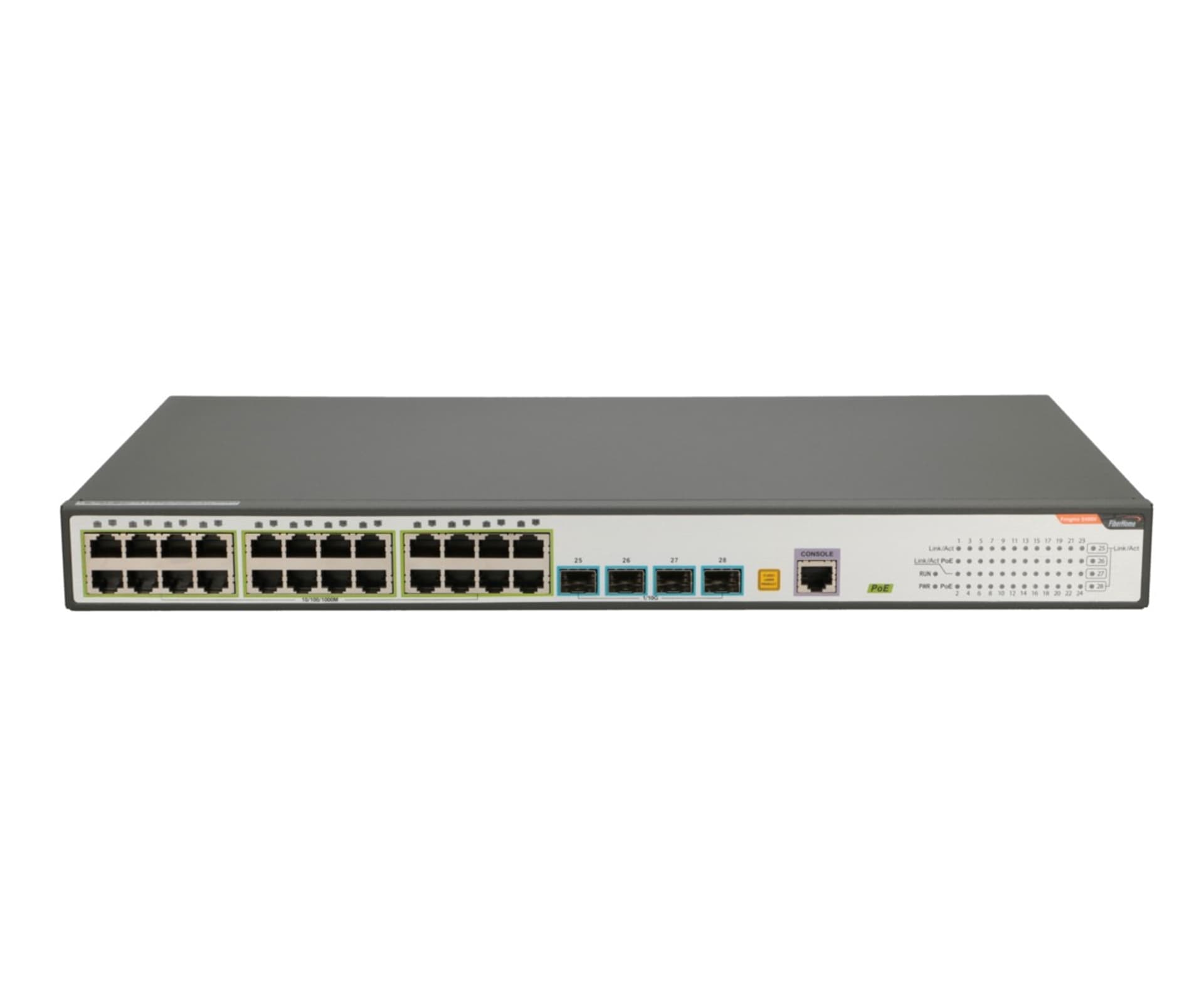 

FIBERHOME S4820-28T-X-PE-AC, L2 MAGANED, GIGABIT POE SWITCH, 24X 10/100/1000BASE-T, 4X 10G SFP+, 450W